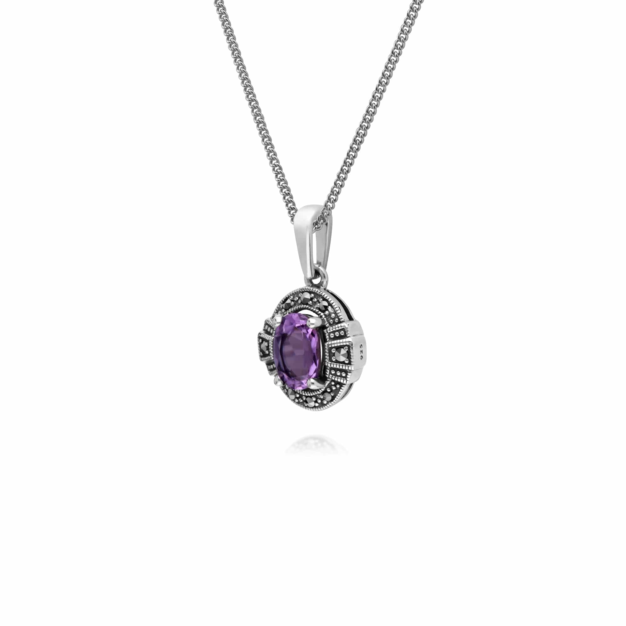214P303302925 Art Deco Style Oval Amethyst & Marcasite Halo Pendant in 925 Sterling Silver 2