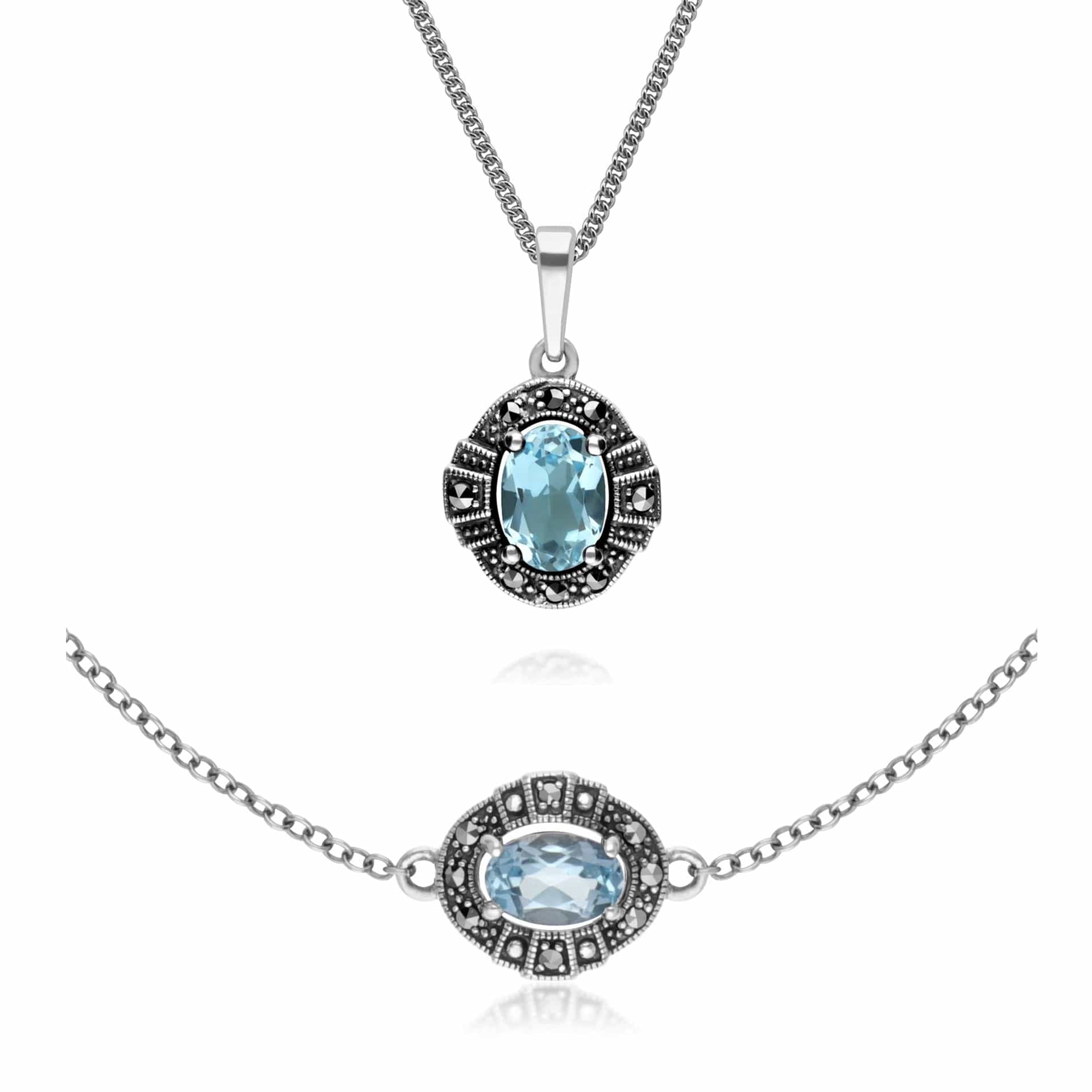 214P303301925-214L165401925 Art Deco Style Oval Blue Topaz and Marcasite Cluster Bracelet & Pendant Set in 925 Sterling Silver 1