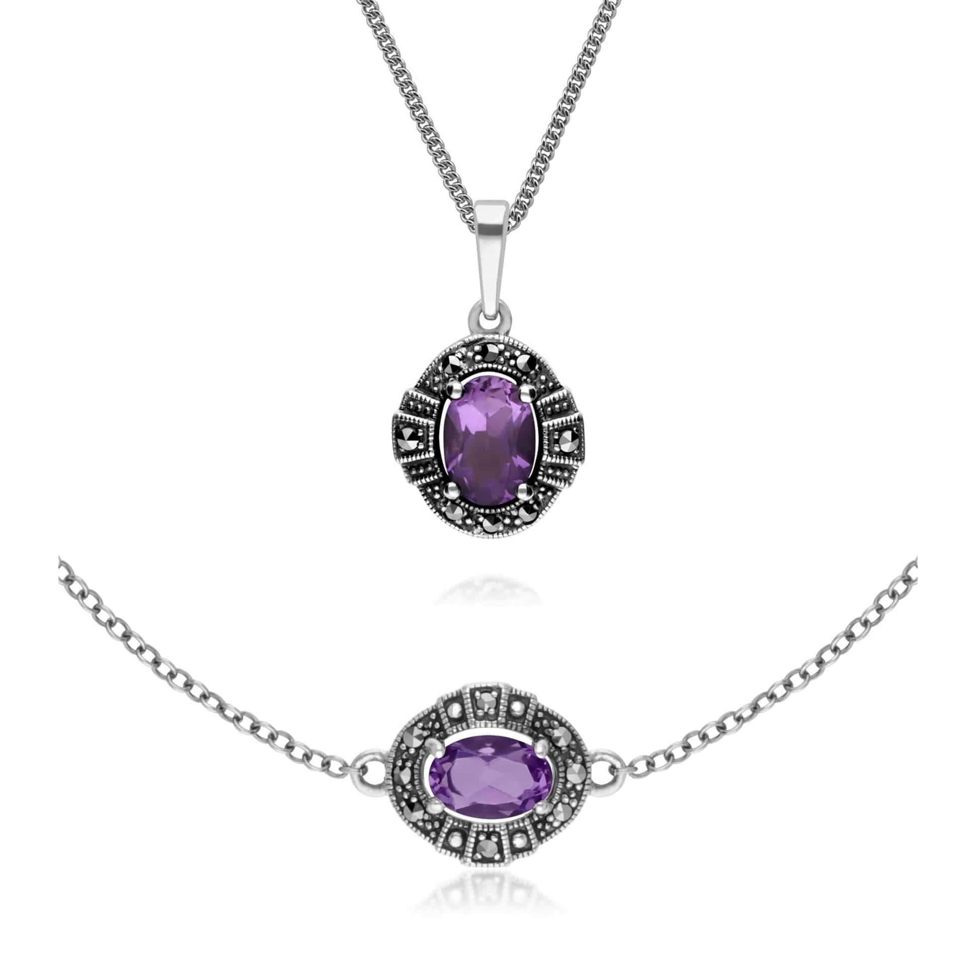 214P303302925-214L165402925 Art Deco Style Oval Amethyst and Marcasite Cluster Bracelet & Pendant Set in 925 Sterling Silver 1