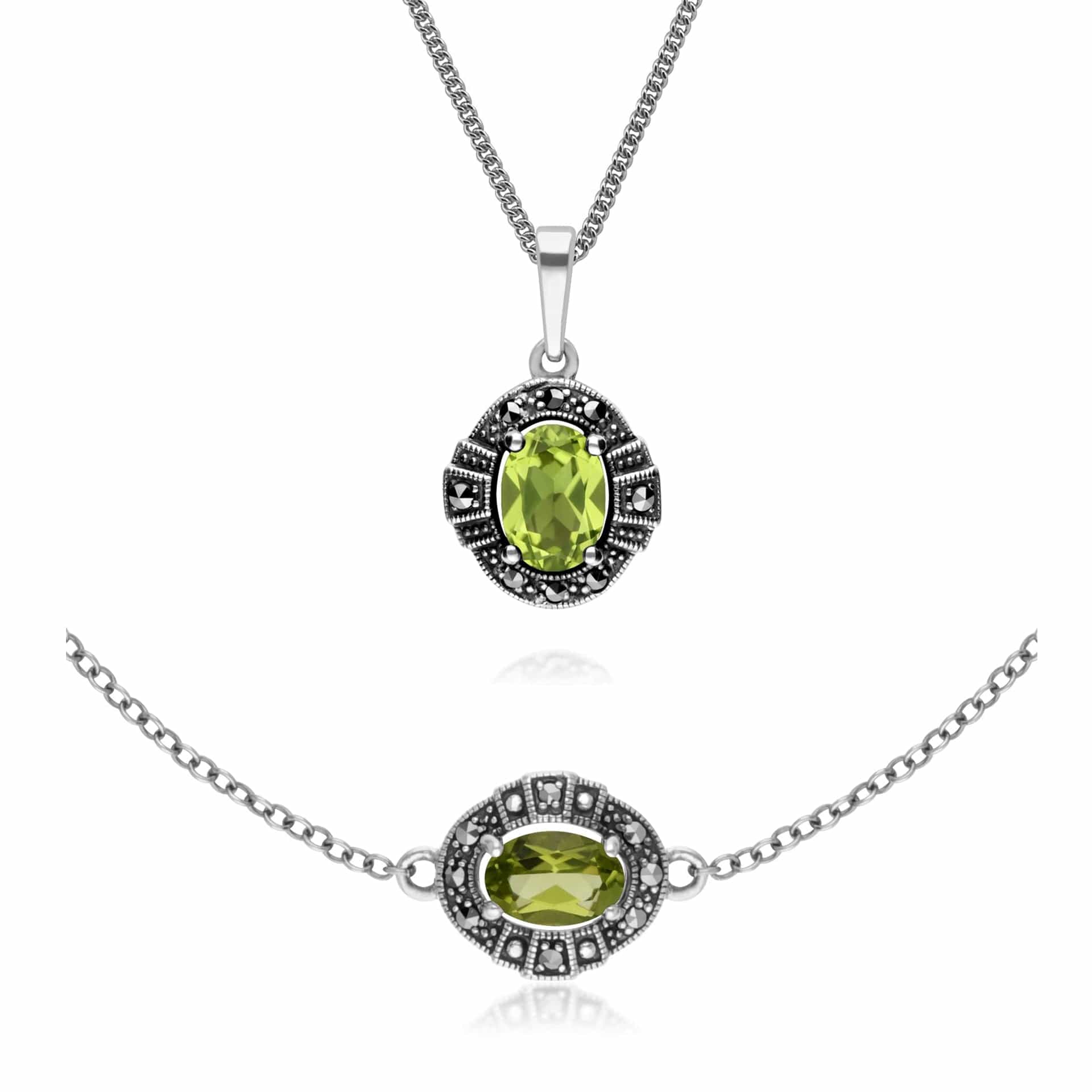 214P303304925-214L165404925 Art Deco Style Oval Peridot and Marcasite Cluster Bracelet & Pendant Set in 925 Sterling Silver 1