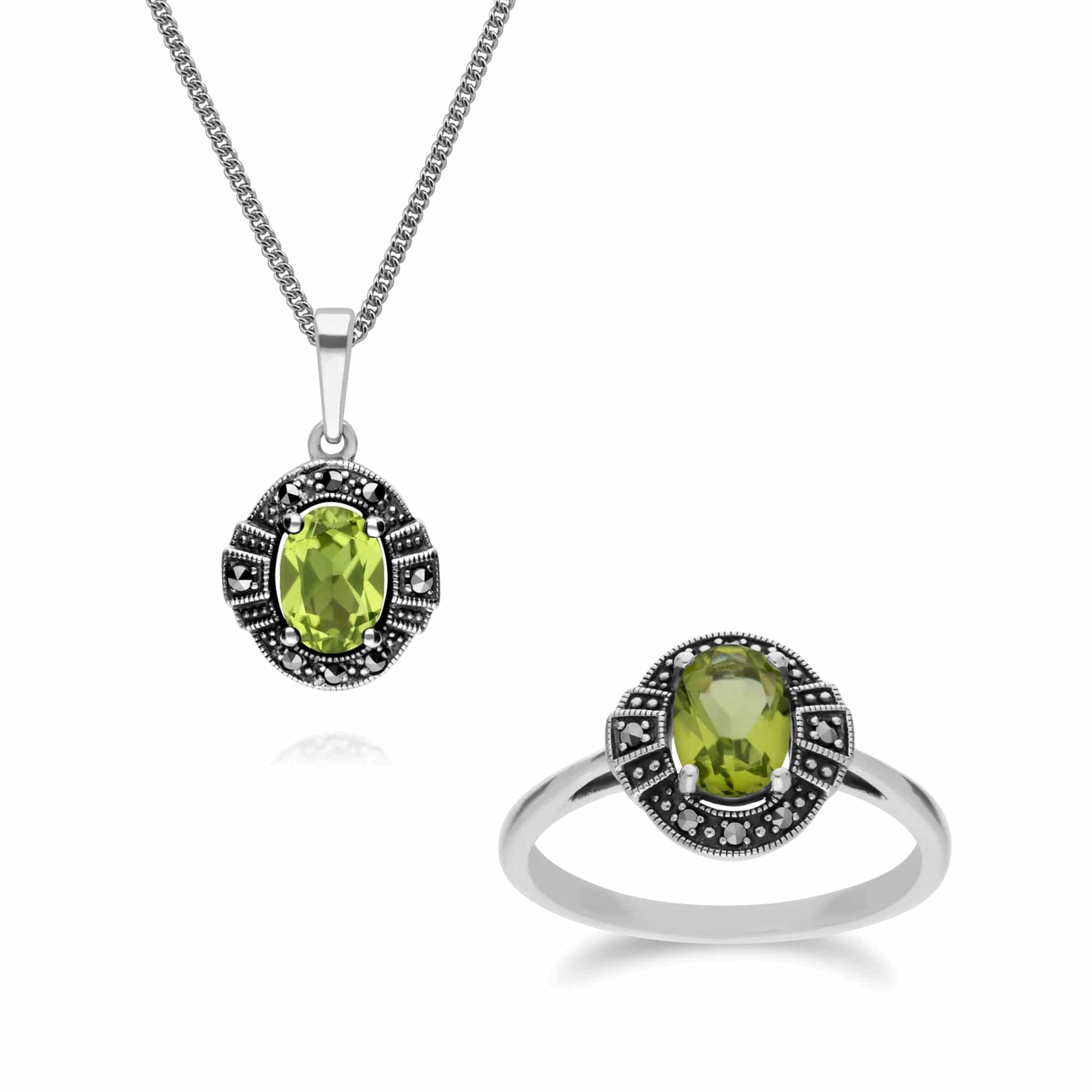 214P303304925-214R605704925 Art Deco Style Oval Peridot and Marcasite Cluster Ring & Pendant Set in 925 Sterling Silver 1