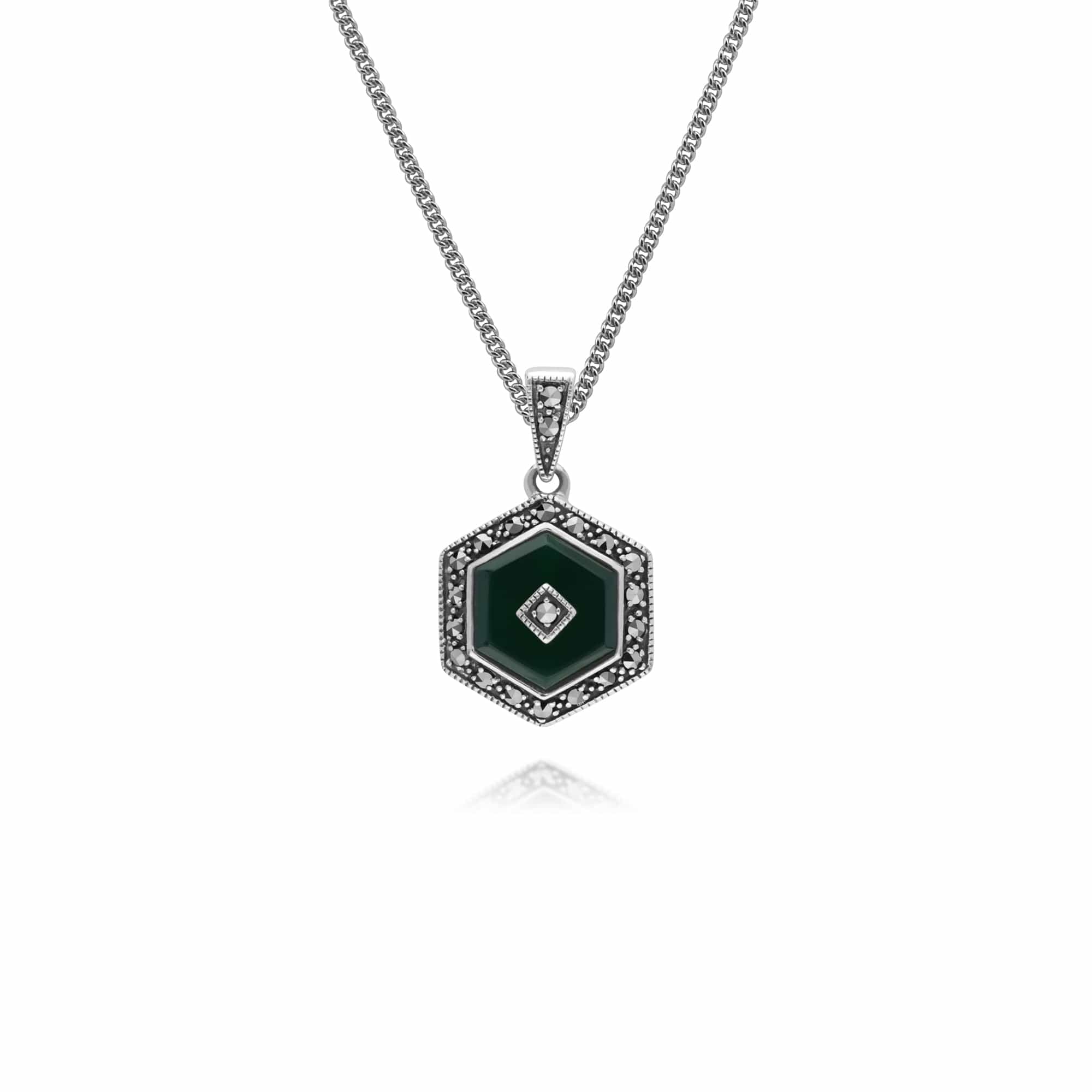 214P303501925-214R605801925 Art Deco Style Dyed Chalcedony and Marcasite Hexagon Ring & Pendant Set in 925 Sterling Silver 2