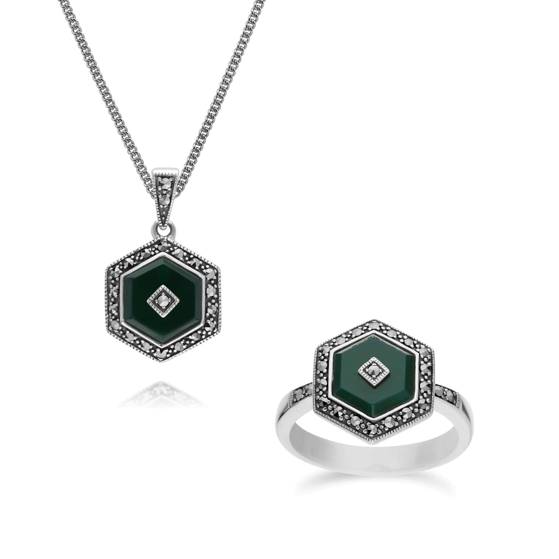 214P303501925-214R605801925 Art Deco Style Dyed Chalcedony and Marcasite Hexagon Ring & Pendant Set in 925 Sterling Silver 1