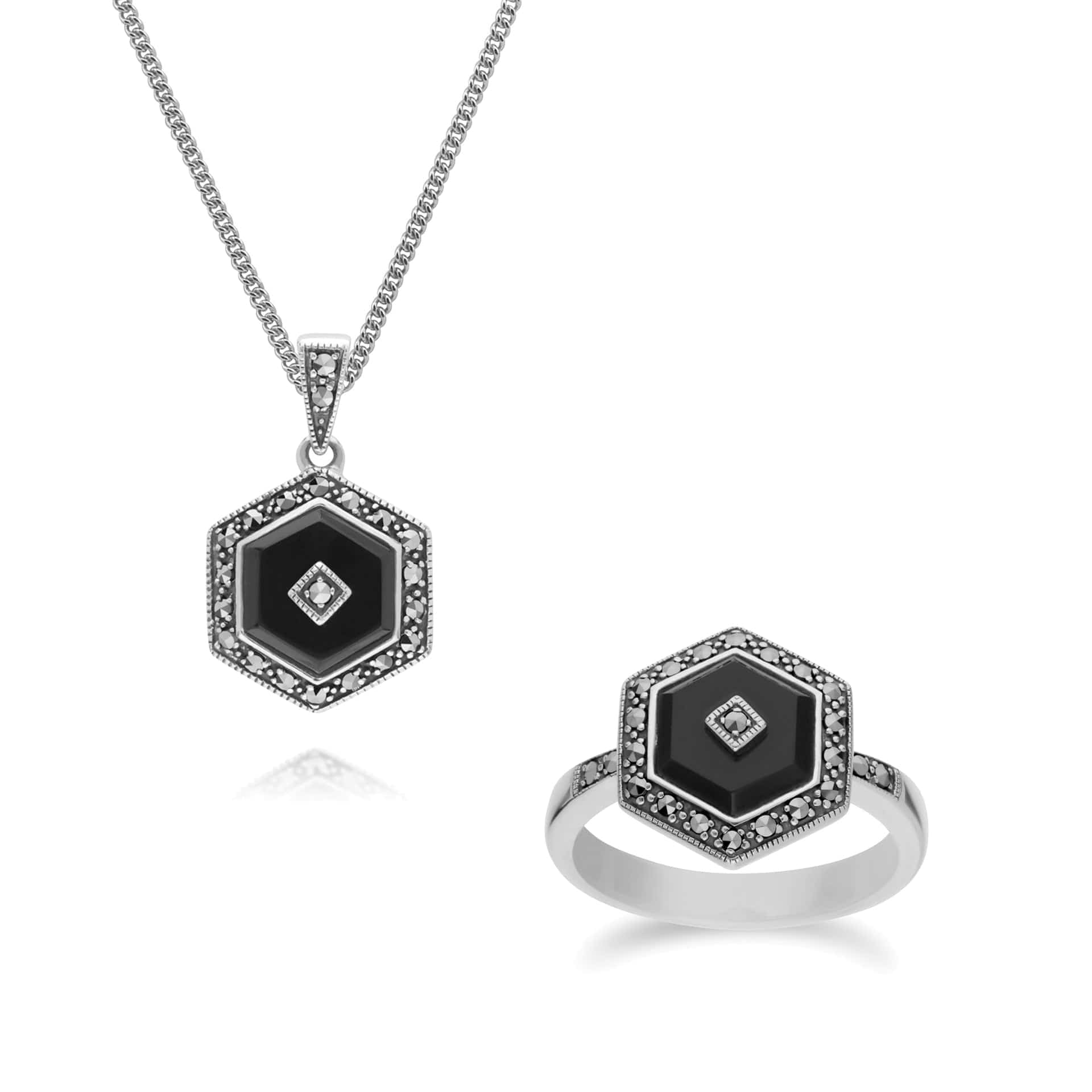 214P303502925-214R605802925 Art Deco Style Black Onyx and Marcasite Hexagon Silver  Ring & Pendant Set 1