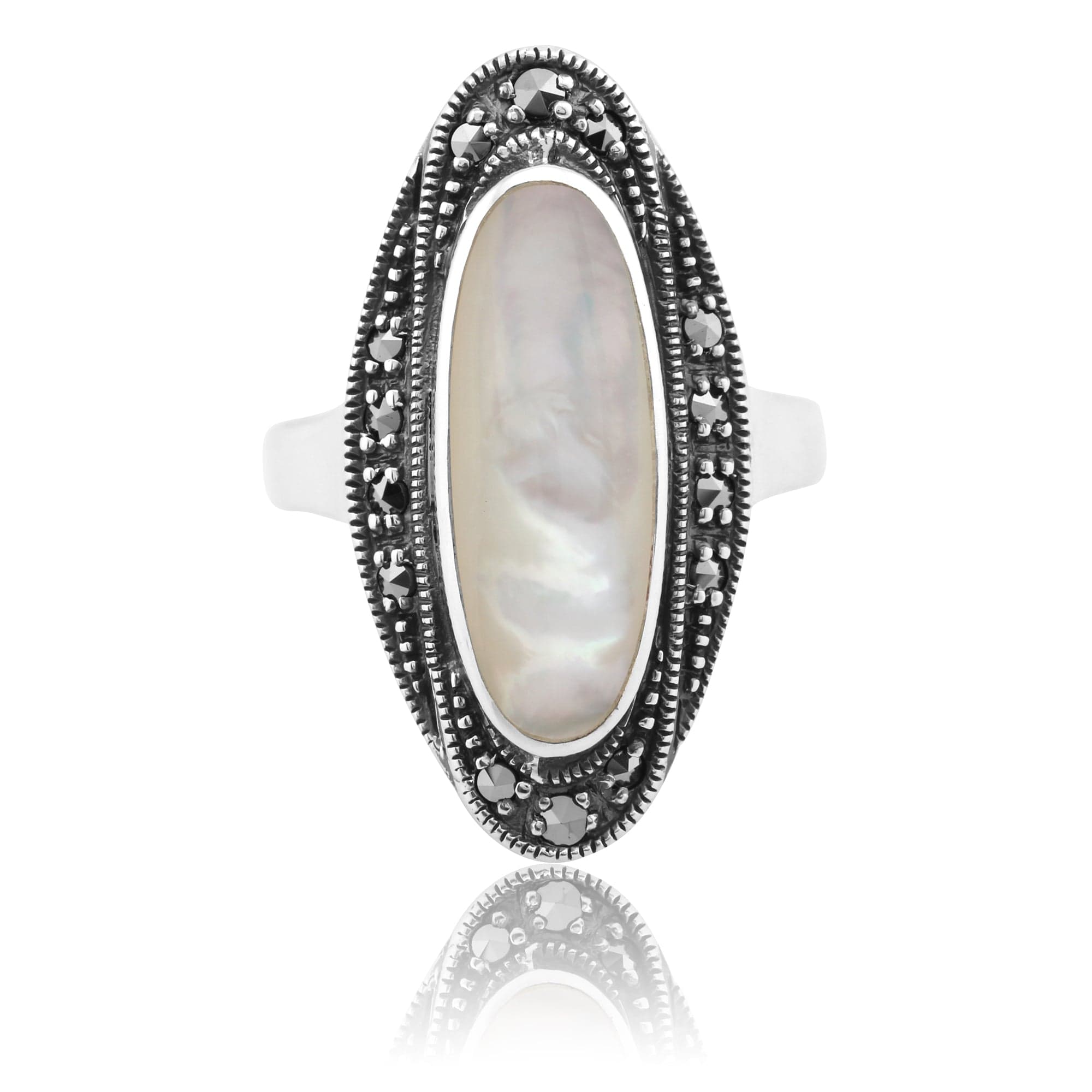 Art Deco Style Mother of Pearl Cabochon & Marcasite Ring in 925 Sterling Silver  - Gemondo