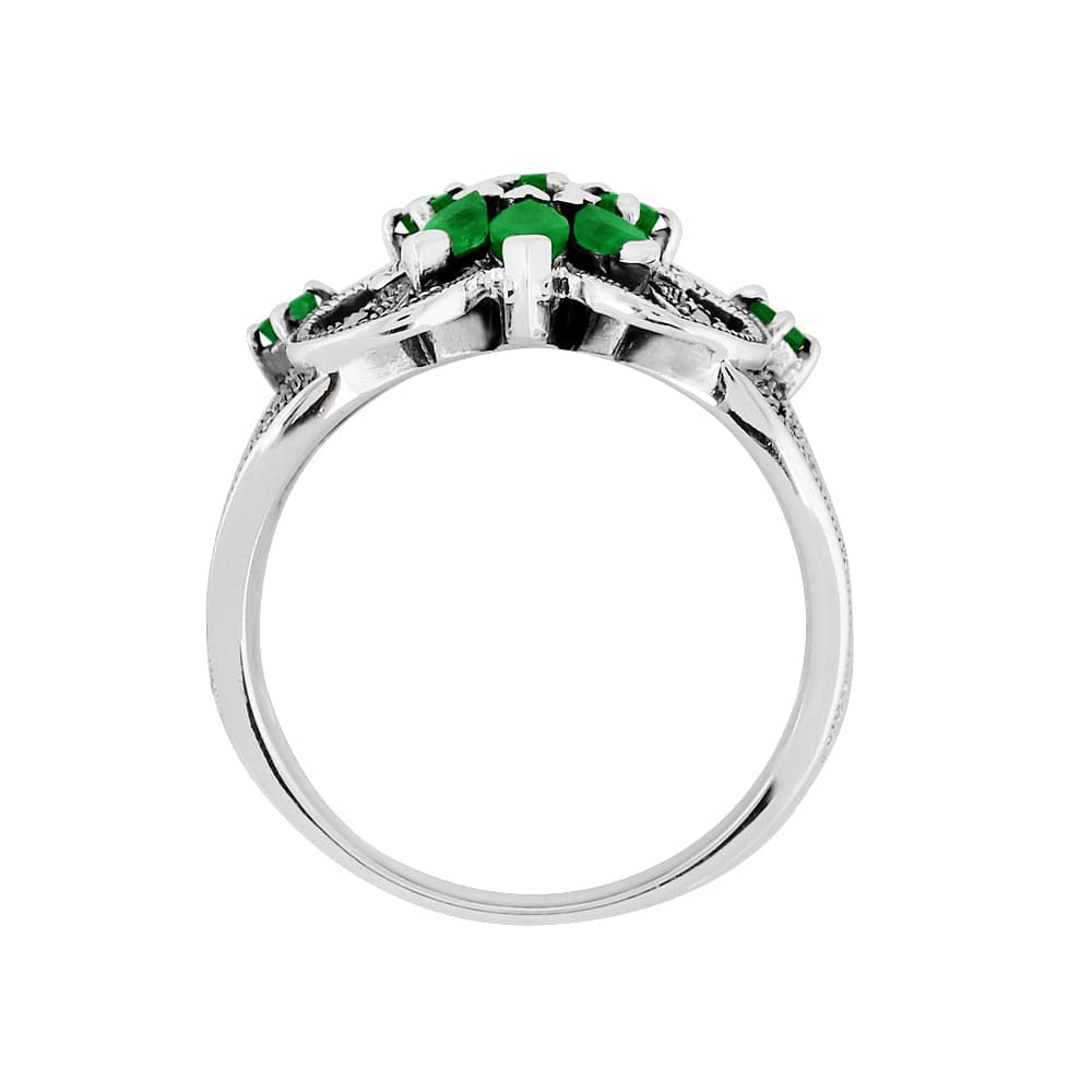 27087 Art Nouveau Style Marquise Emerald & Marcasite Floral Silver Cocktail Ring 3