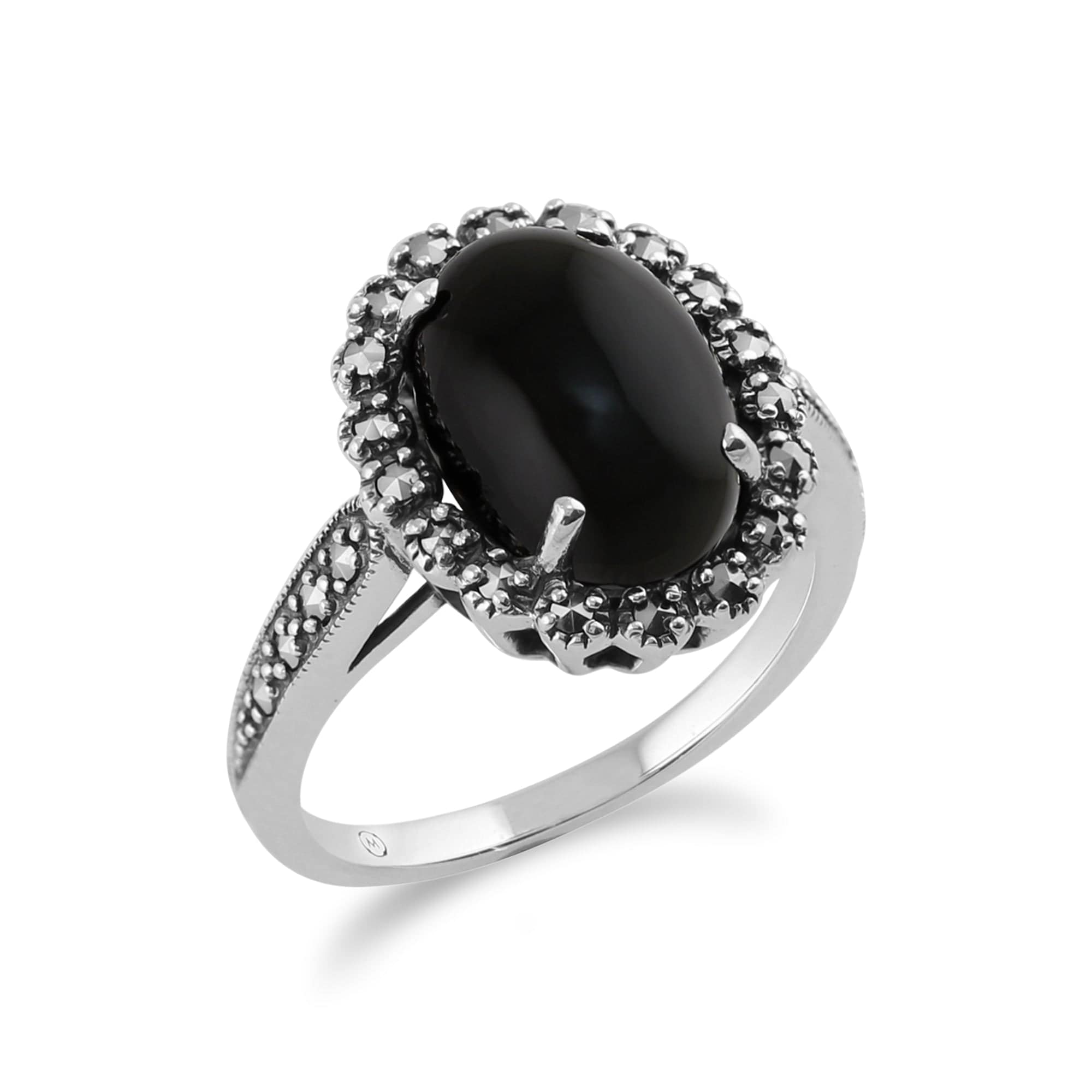 925 Silver Art Deco Onyx & Marcasite Ring Image 2