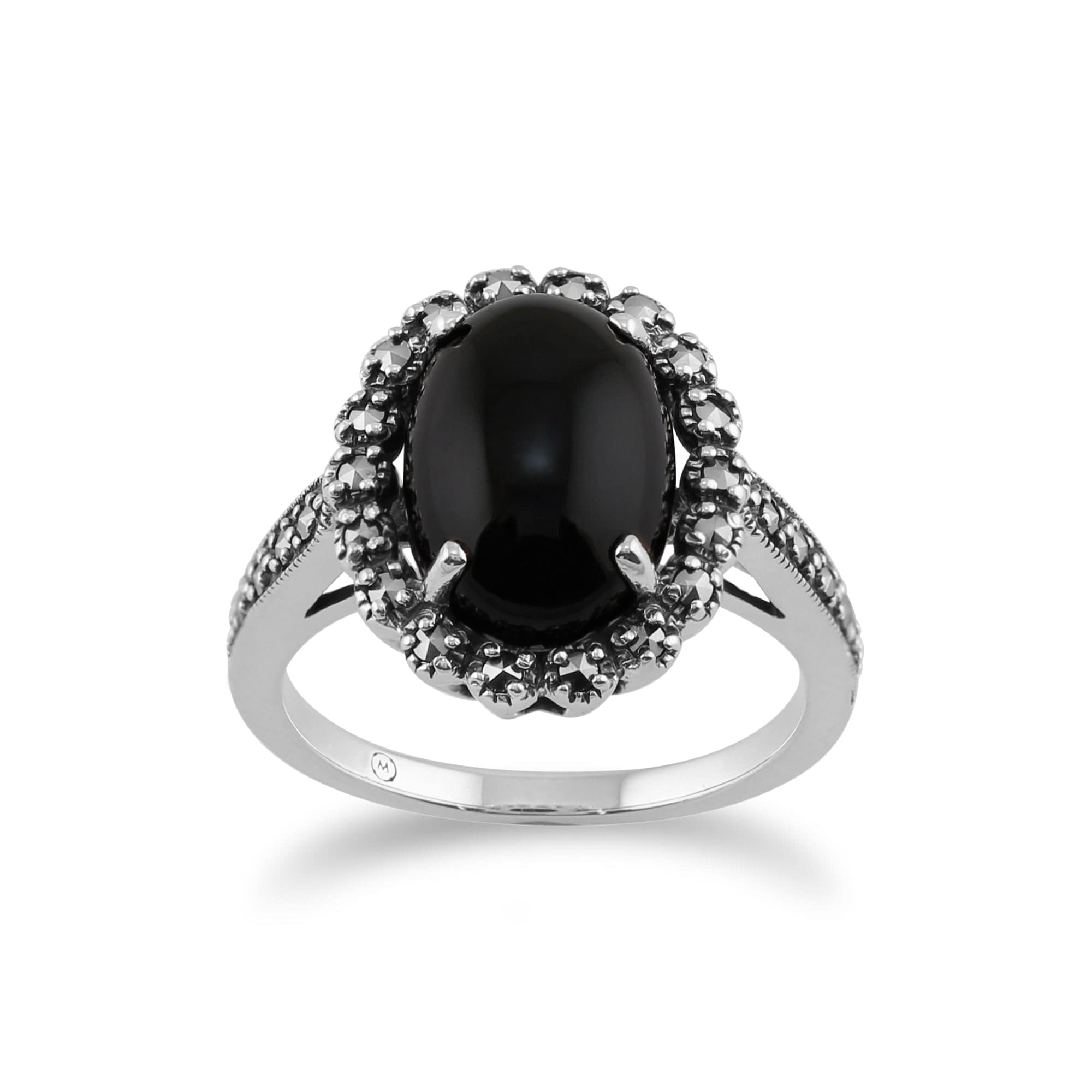 925 Silver Art Deco Onyx & Marcasite Ring Image 1