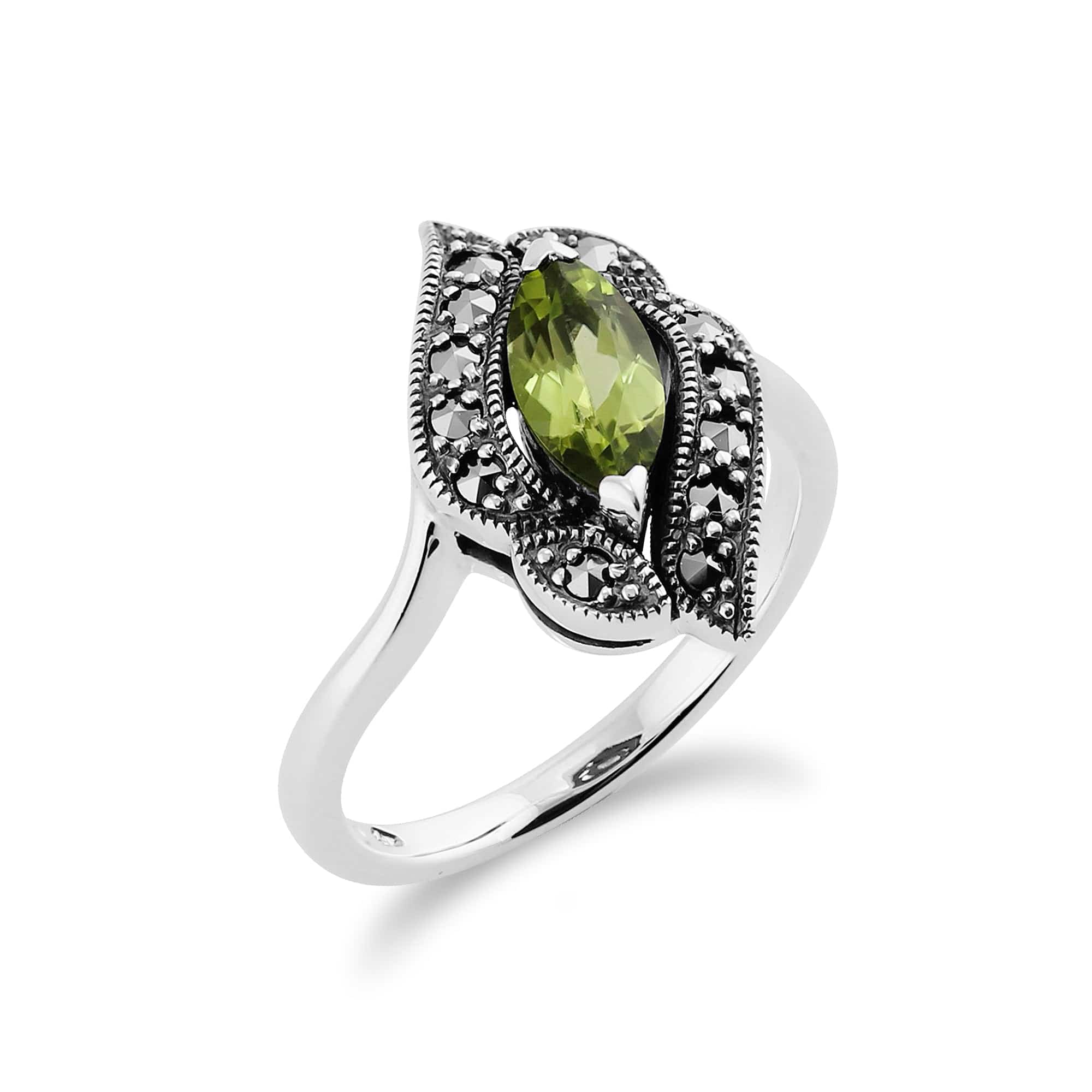 214R392602925 Art Nouveau Style Marquise Peridot & Marcasite Silver Ring 2