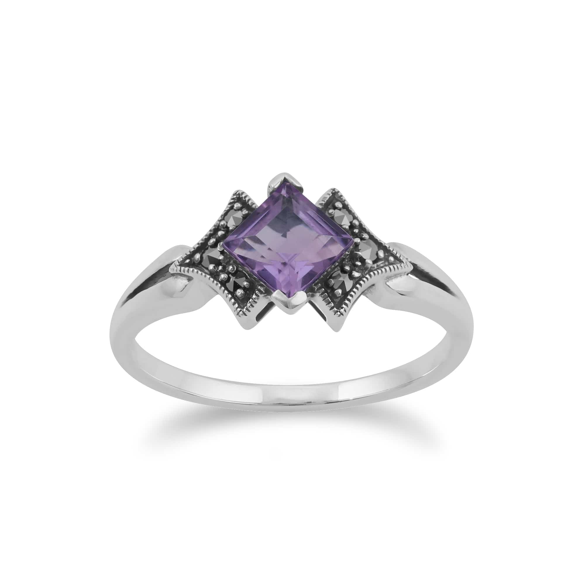 Art Deco Style Square Amethyst & Marcasite Ring in 925 Sterling Silver - Gemondo