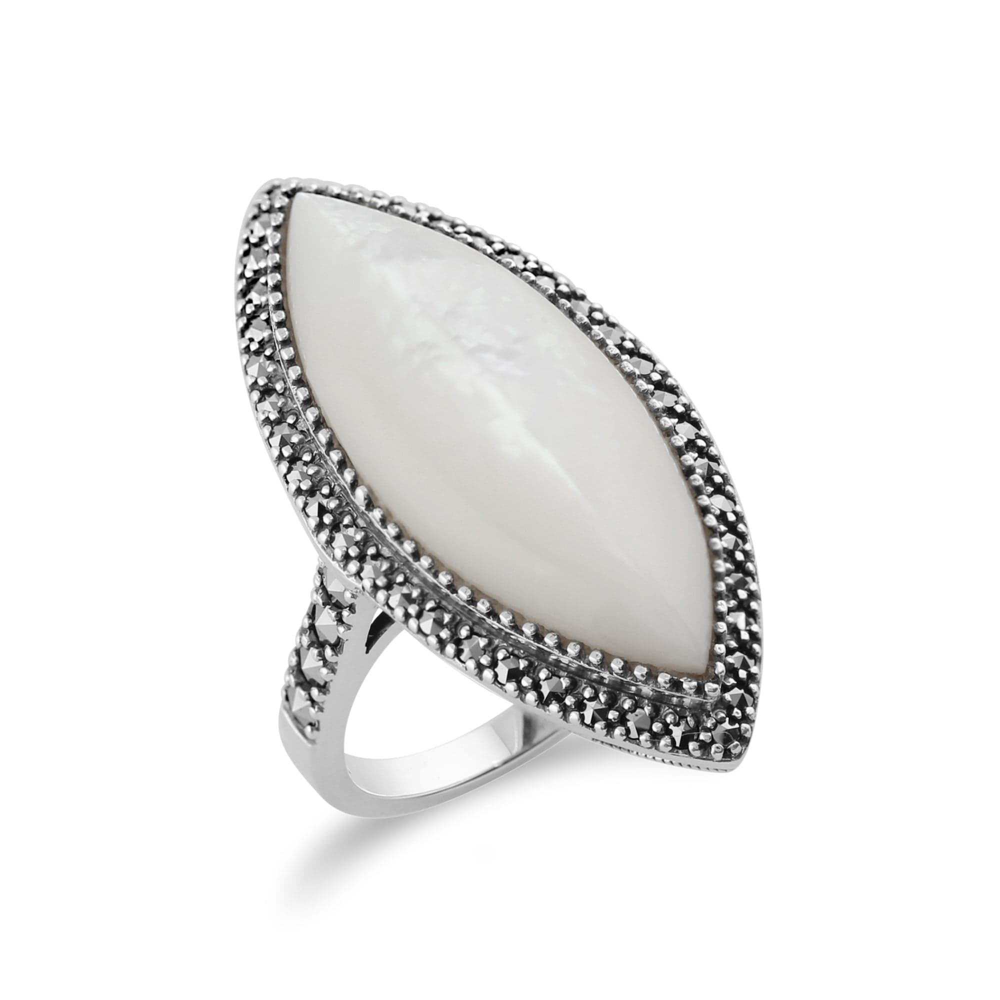 214R394102925 Art Deco Style Marquise Mother of Pearl & Marcasite Statement Ring in Silver 3