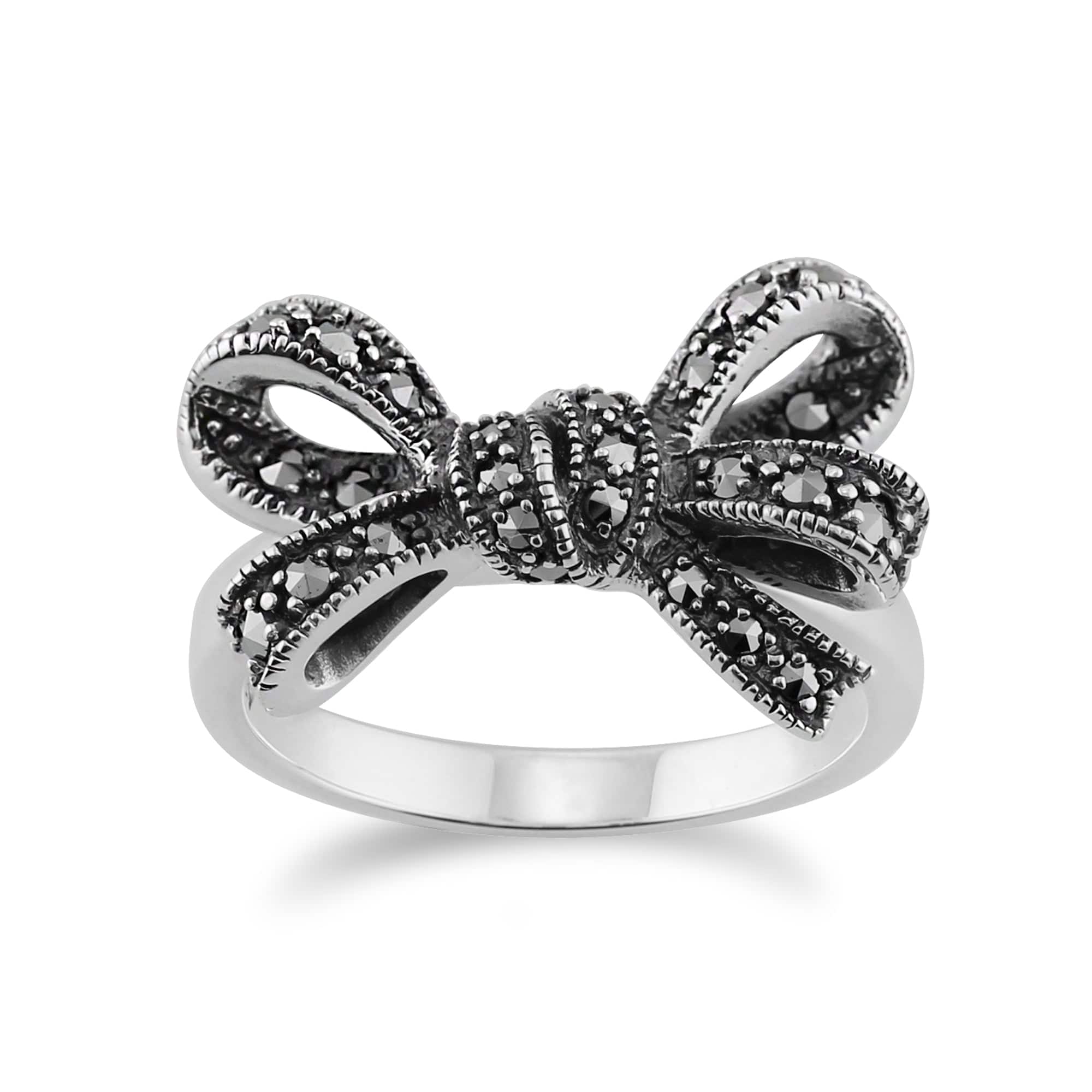 Art Nouveau Style Marcasite Ribbon Bow Ring in 925 Sterling Silver - Gemondo