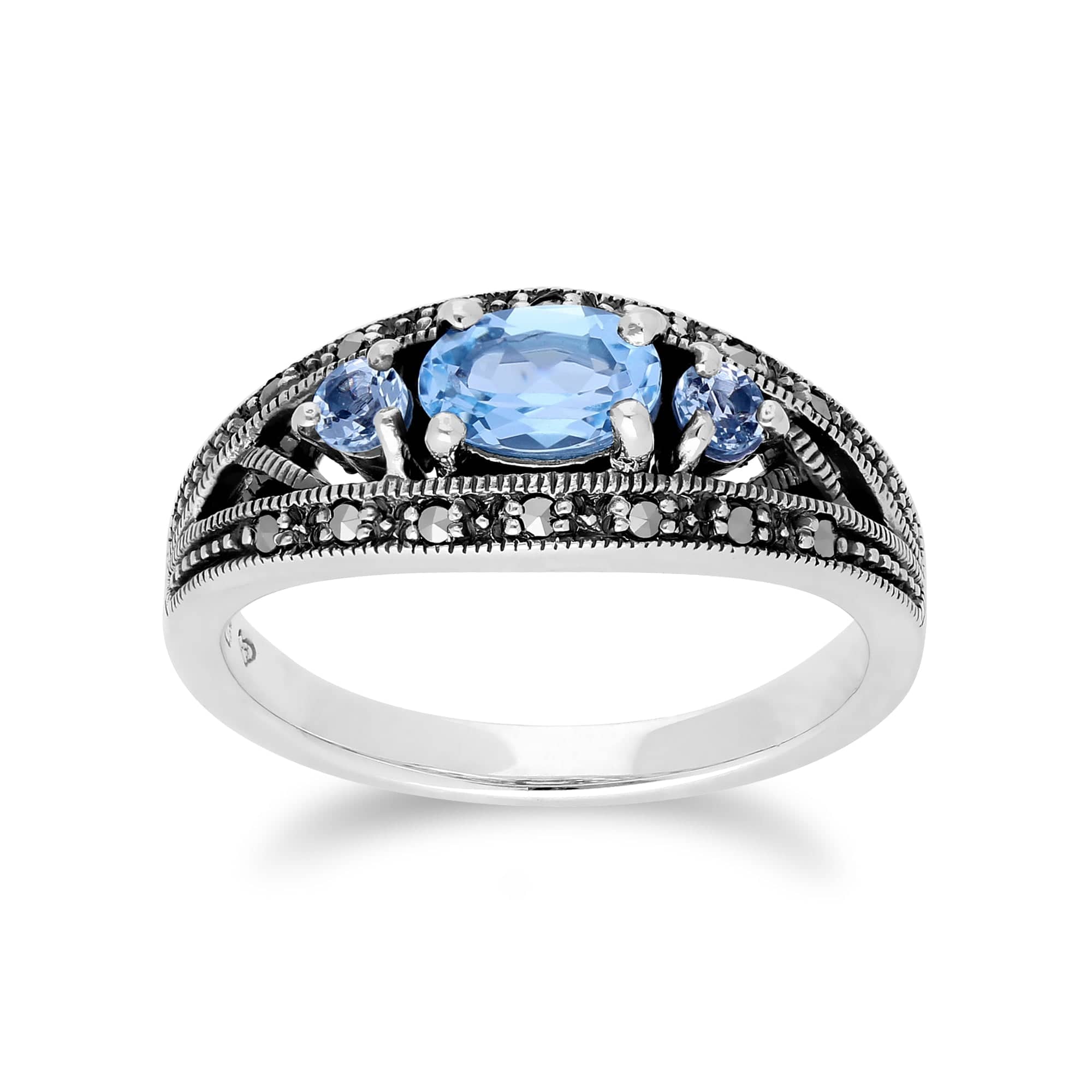 Art Deco Style Oval Blue Topaz & Marcasite Three Stone Ring in 925 Sterling Silver