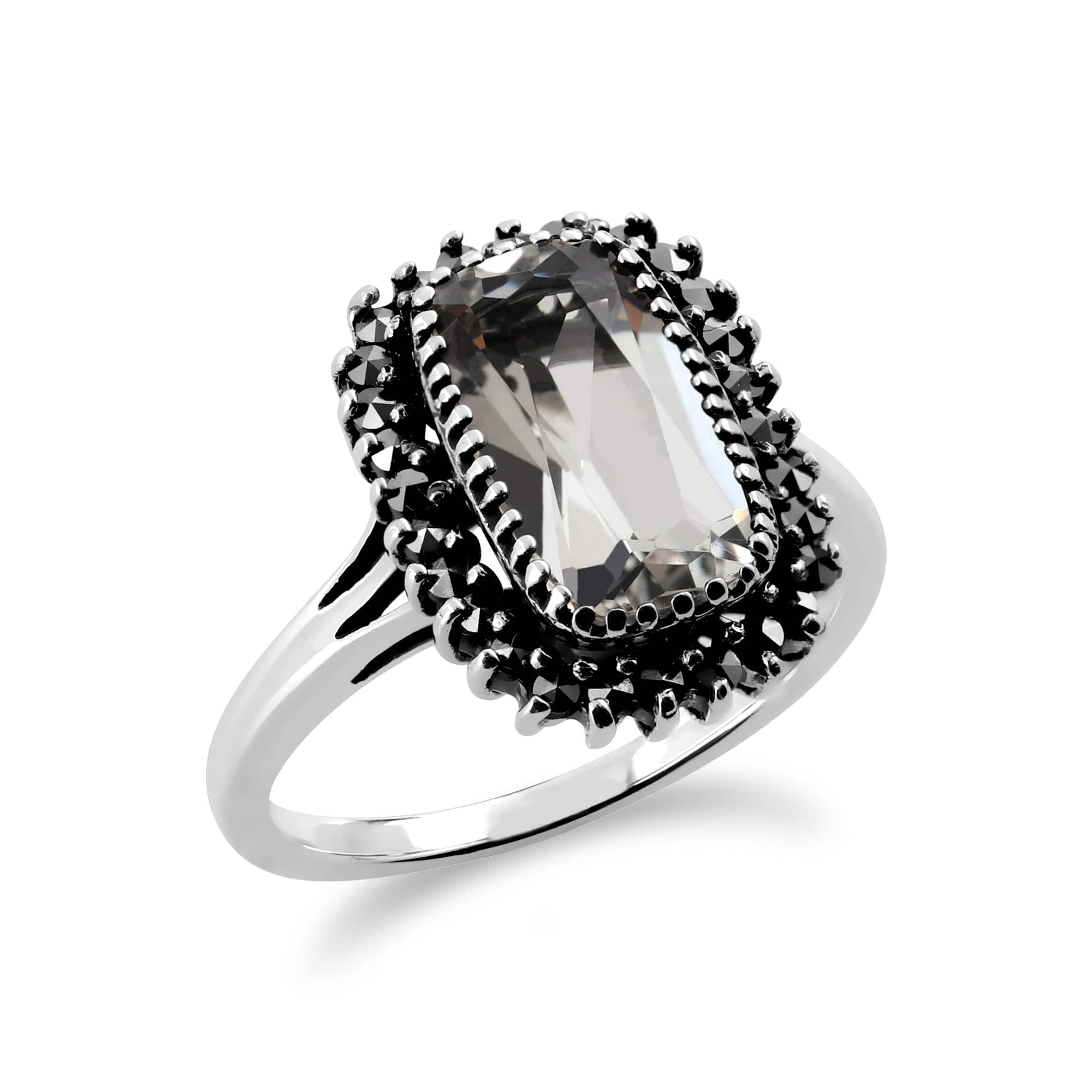 Art Deco Style Rock Crystal & Marcasite Halo Cluster Ring In Silver - Gemondo