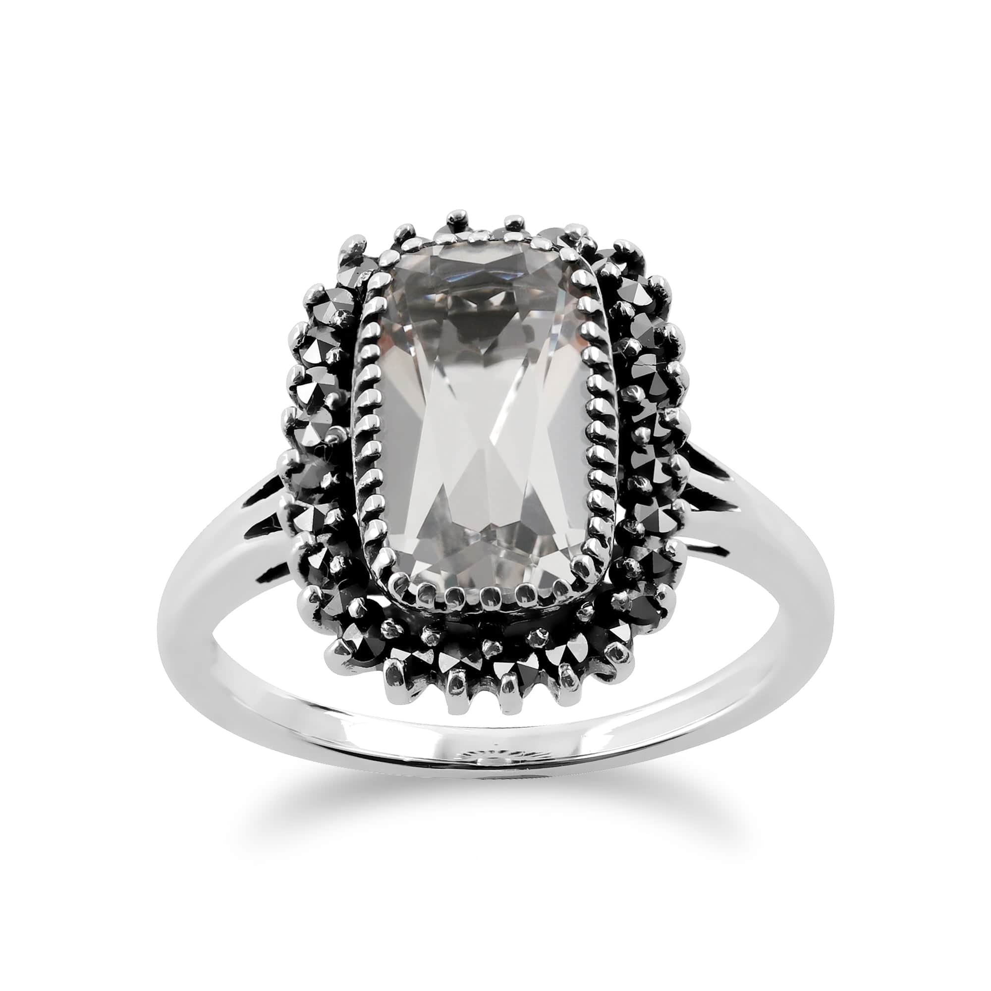 Art Deco Style Cushion Rock Crystal & Marcasite Halo Cluster Ring In Sterling Silver