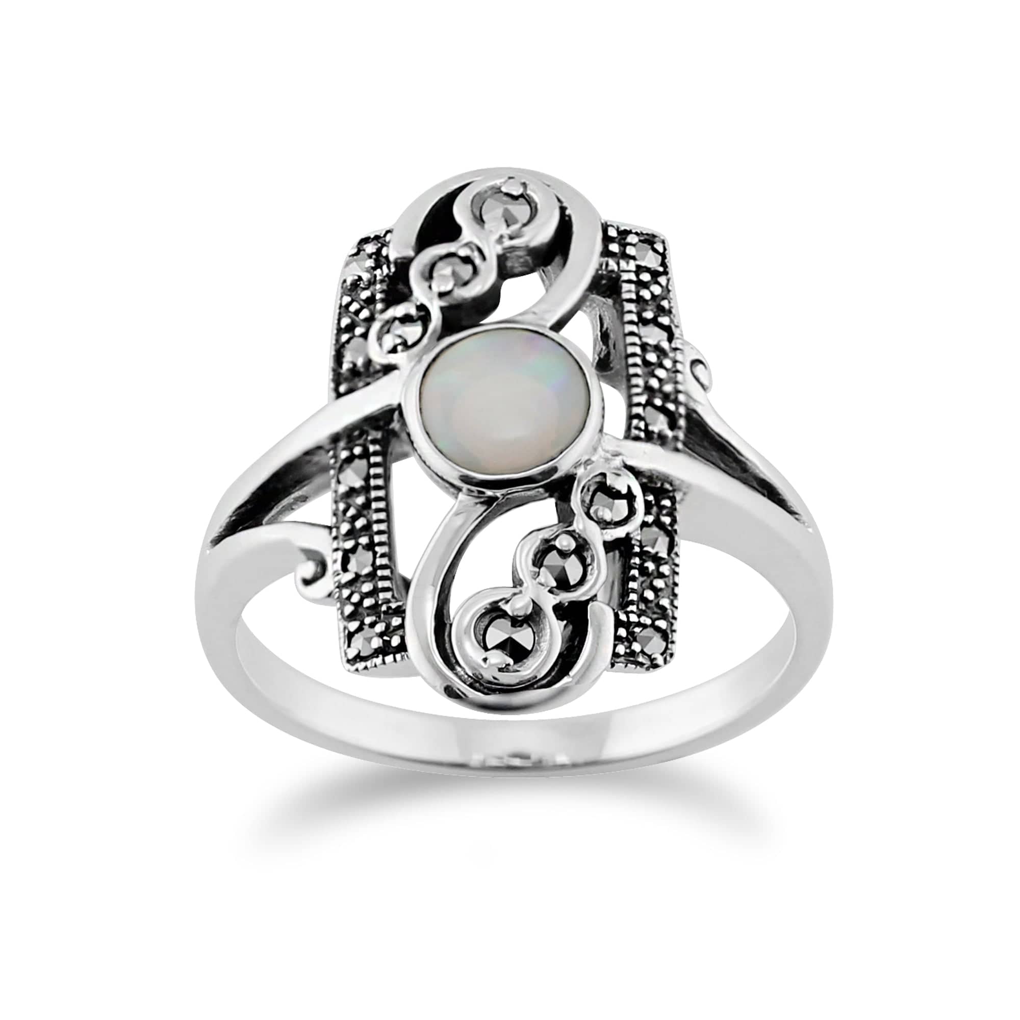 Art Nouveau Opal & Marcasite Spiral Frame Silver Ring