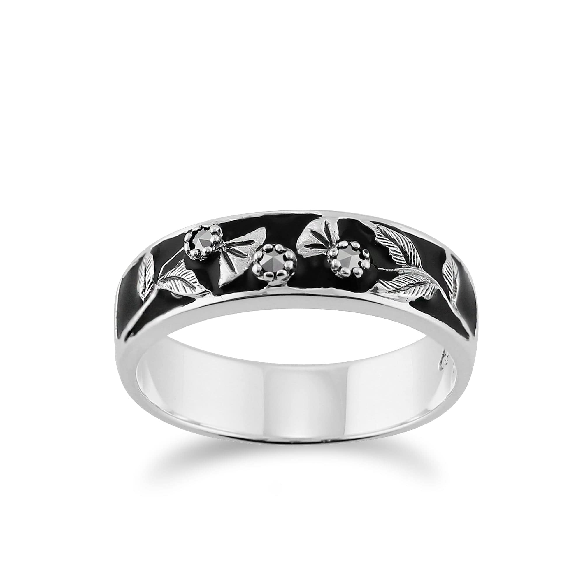 Floral Round Marcasite & Black Enamel Thisstle Band Ring in 925 Sterling Silver - Gemondo