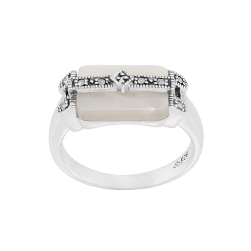 Art Deco Style Rectangle Mother of Pearl & Marcasite Bar Ring in 925 Sterling Silver - Gemondo