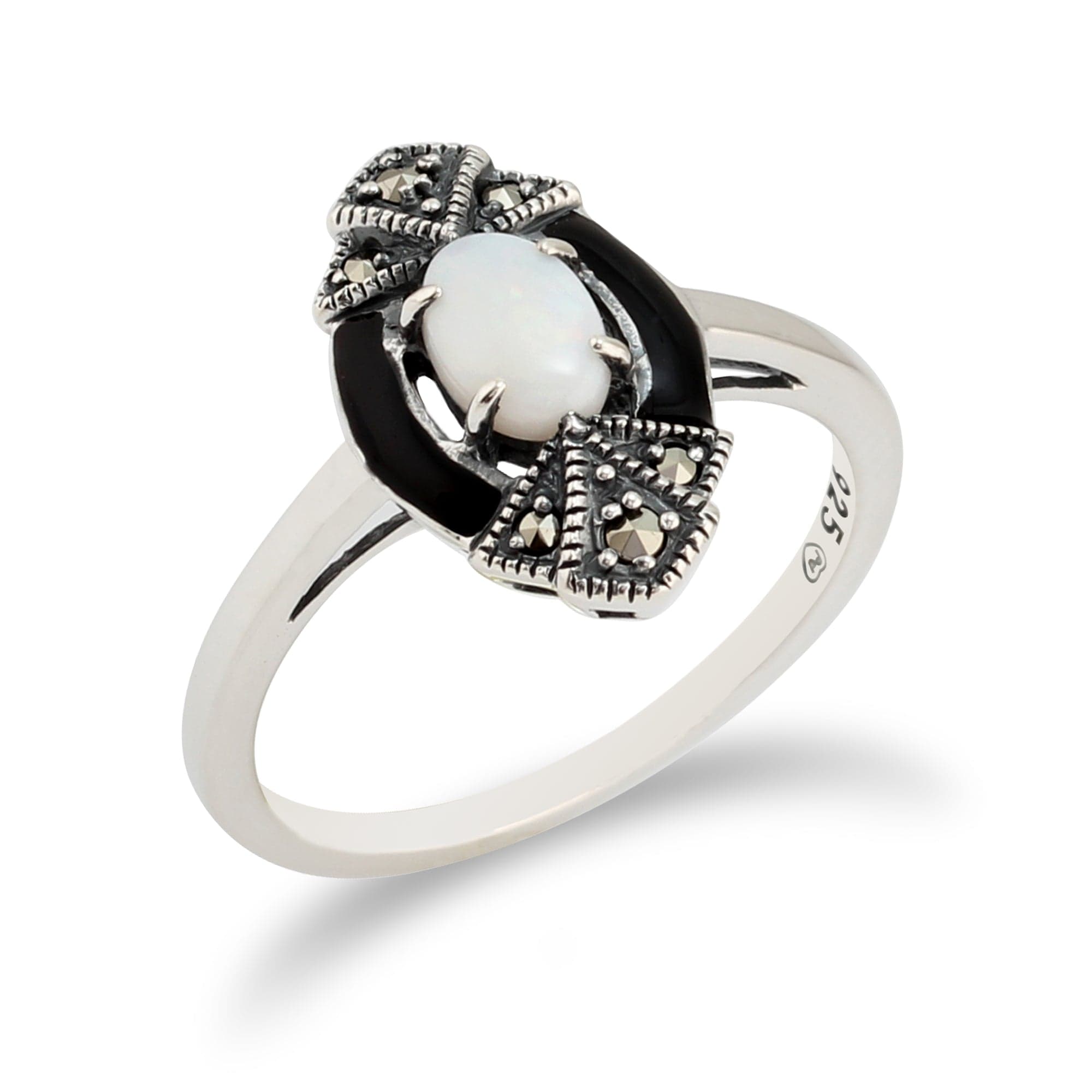 Art Deco Opal, Marcasite & Black Enamel Silver Ring