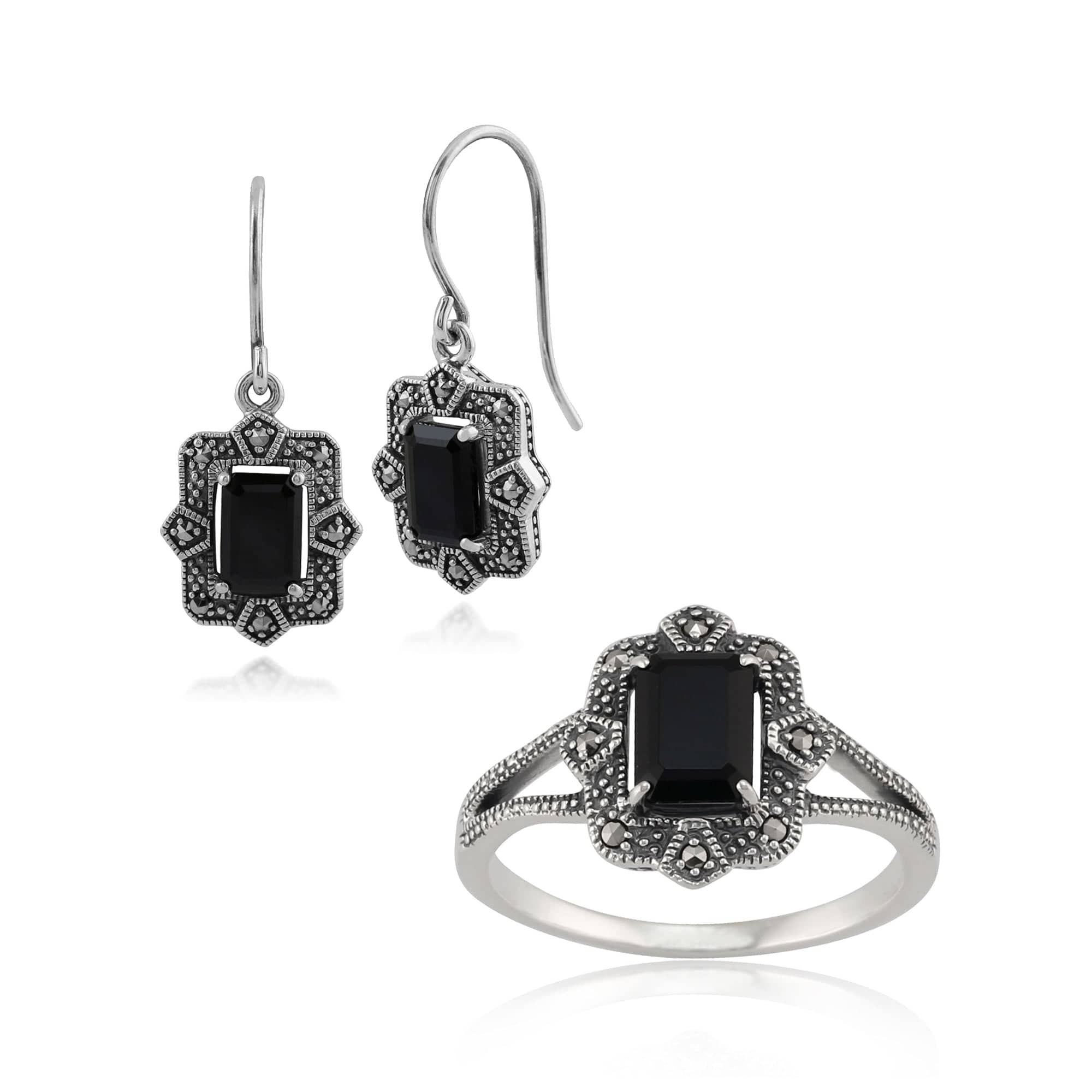 Art Deco Style Black Spinel & Marcasite Earrings & Ring Set In Silver - Gemondo