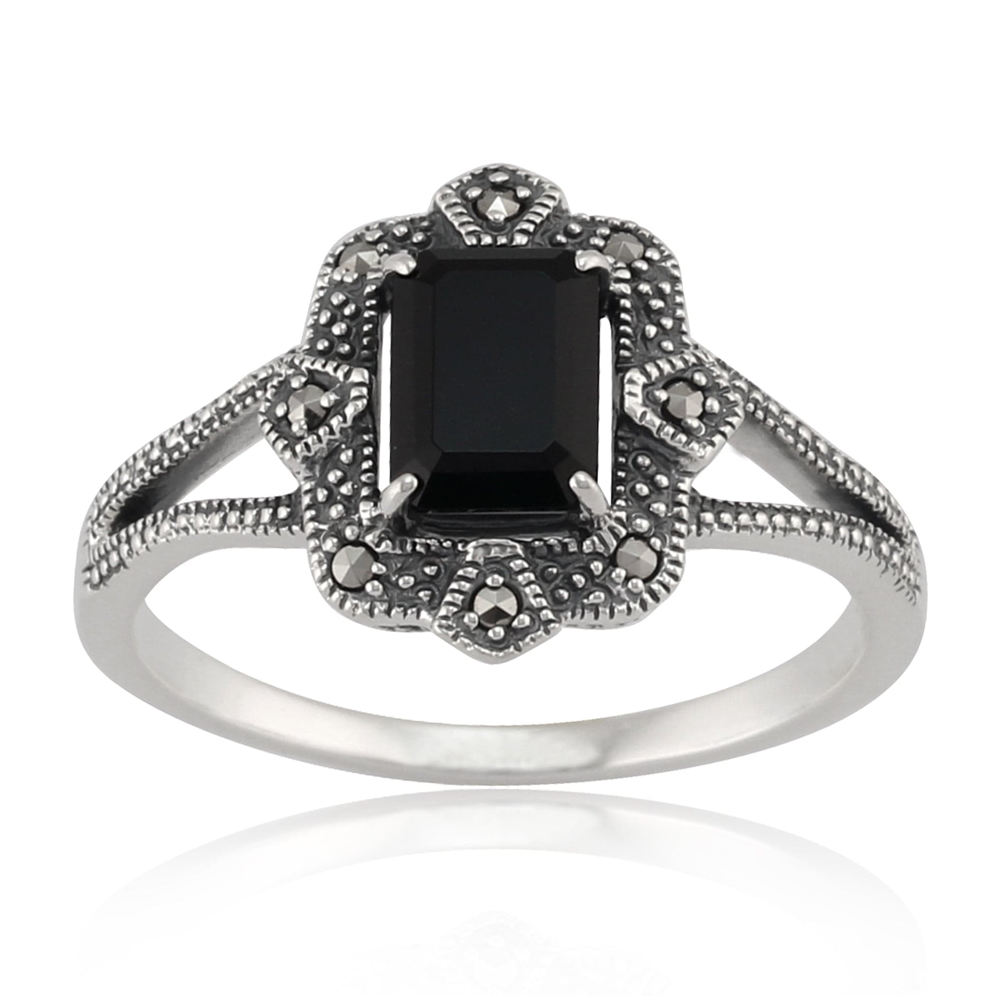Art Deco Style Black Spinel & Marcasite Drop Earrings & Ring Set in Silver - Gemondo