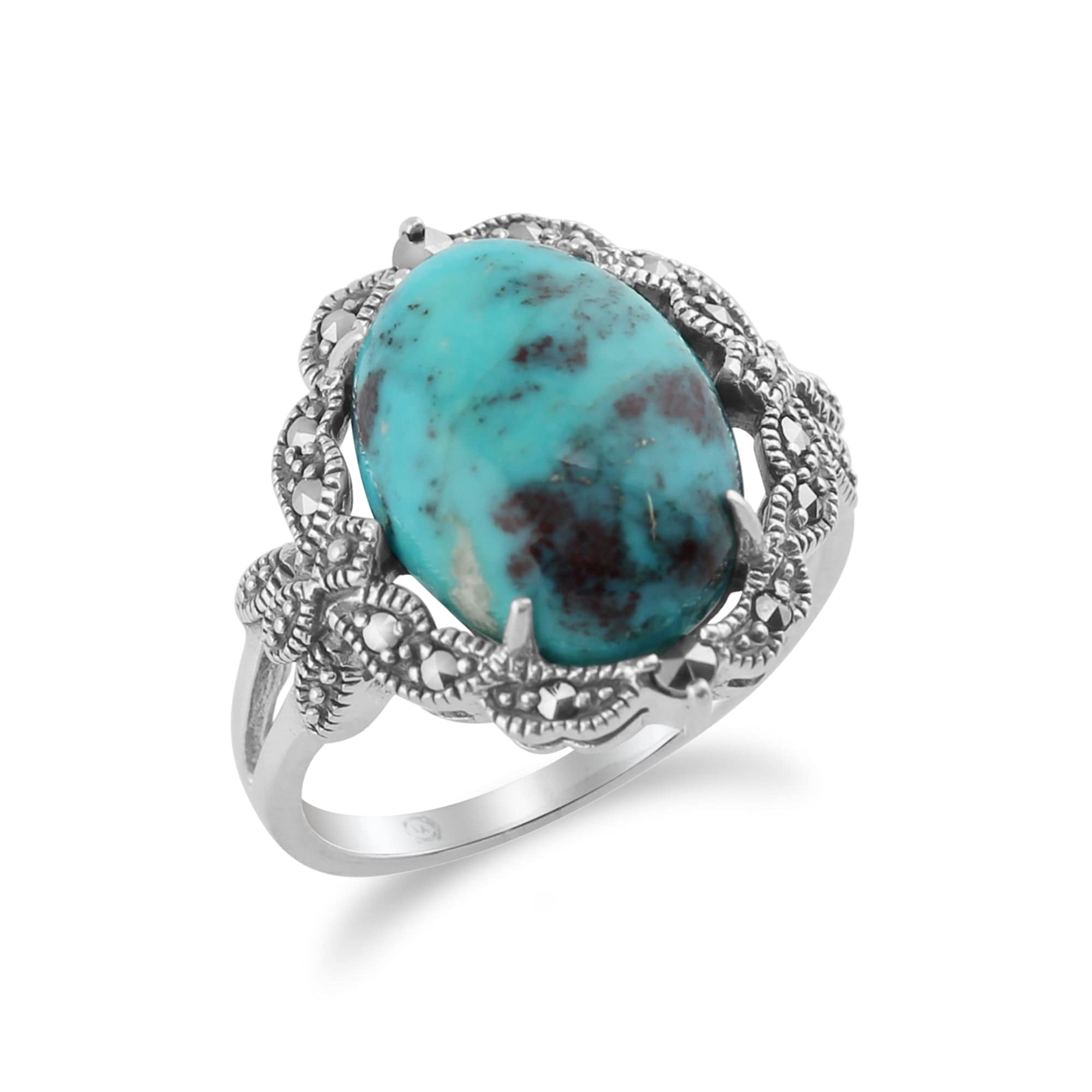 214R479205925 Art Nouveau Style Turquoise & Marcasite Cocktail Ring In Sterling Silver 2