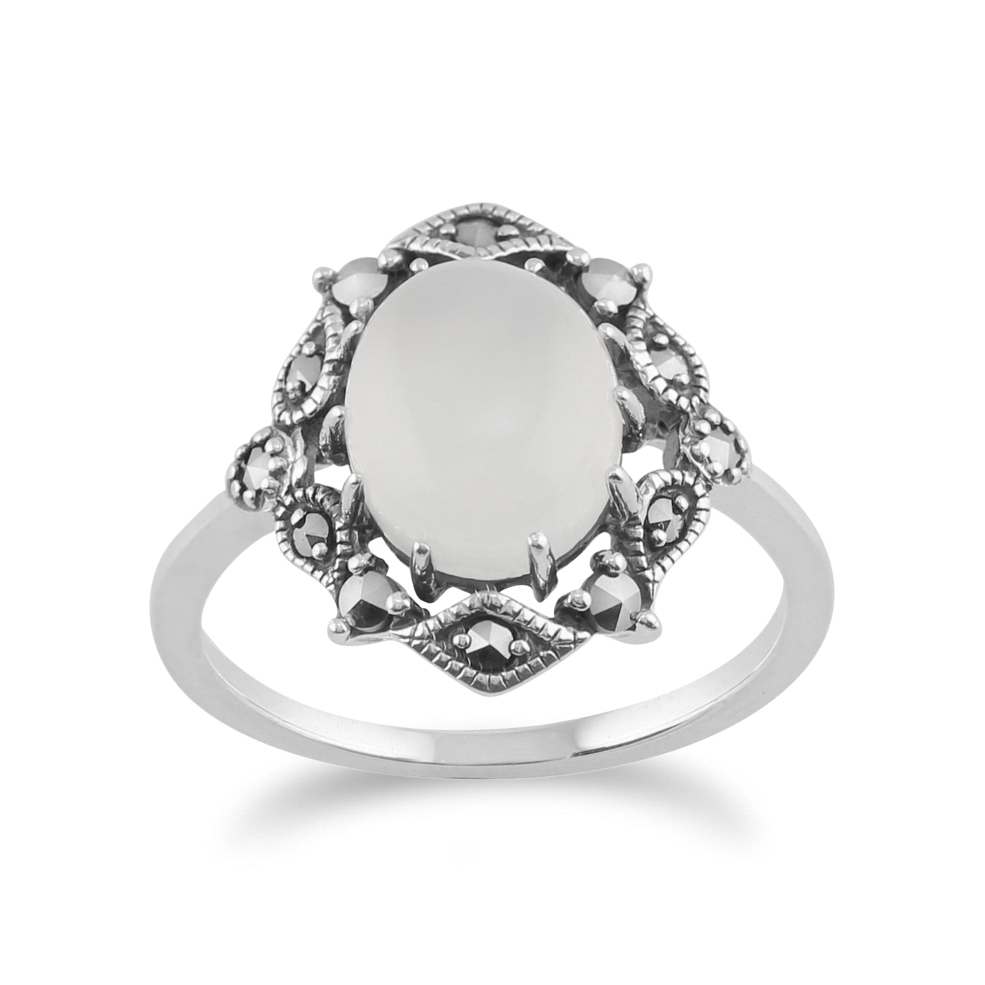 Art Nouveau Style Oval Moonstone Cabochon & Marcasite Statement Ring in 925 Sterling Silver - Gemondo