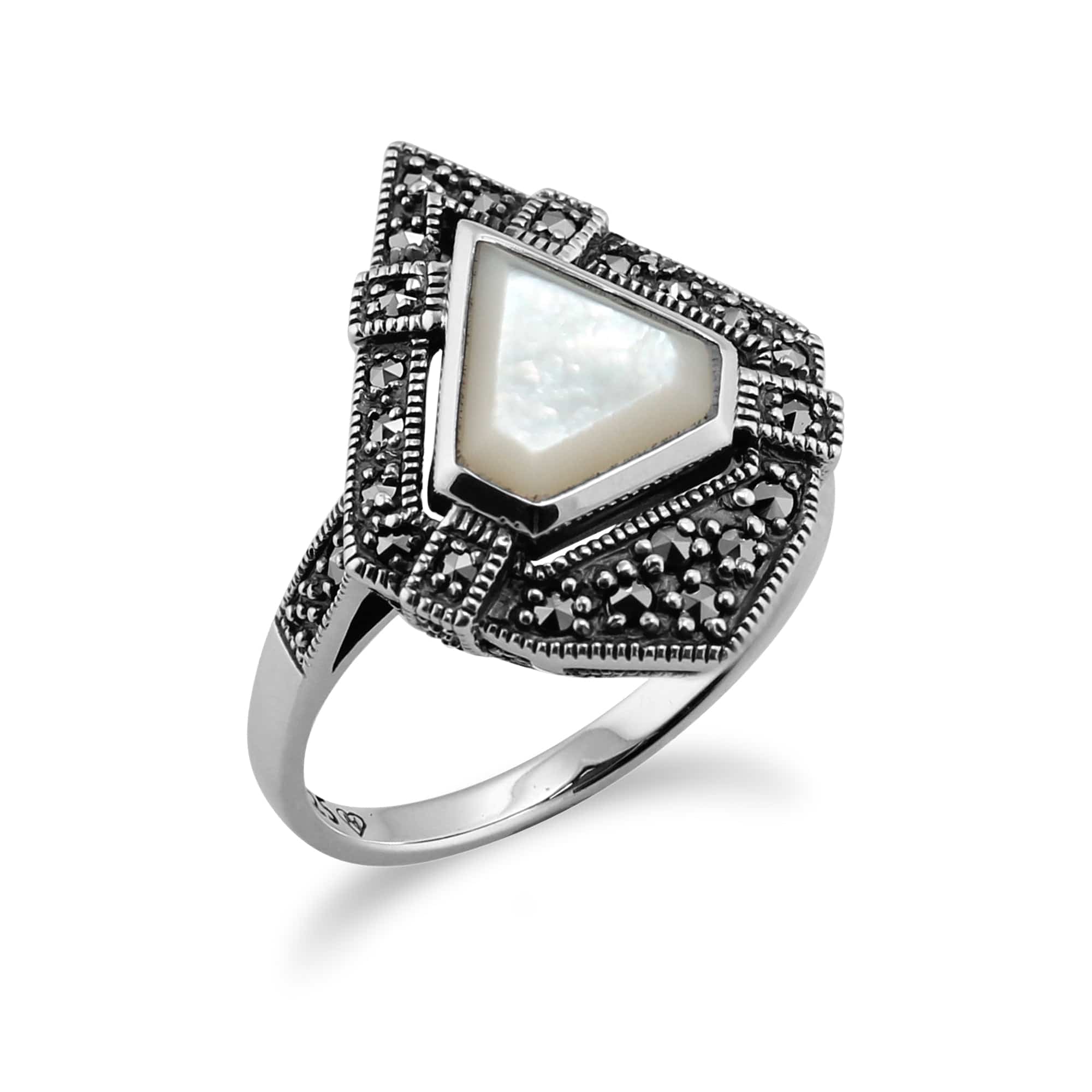 Art Deco Style Triangle Mother of Pearl & Marcasite Statement Ring - Gemondo