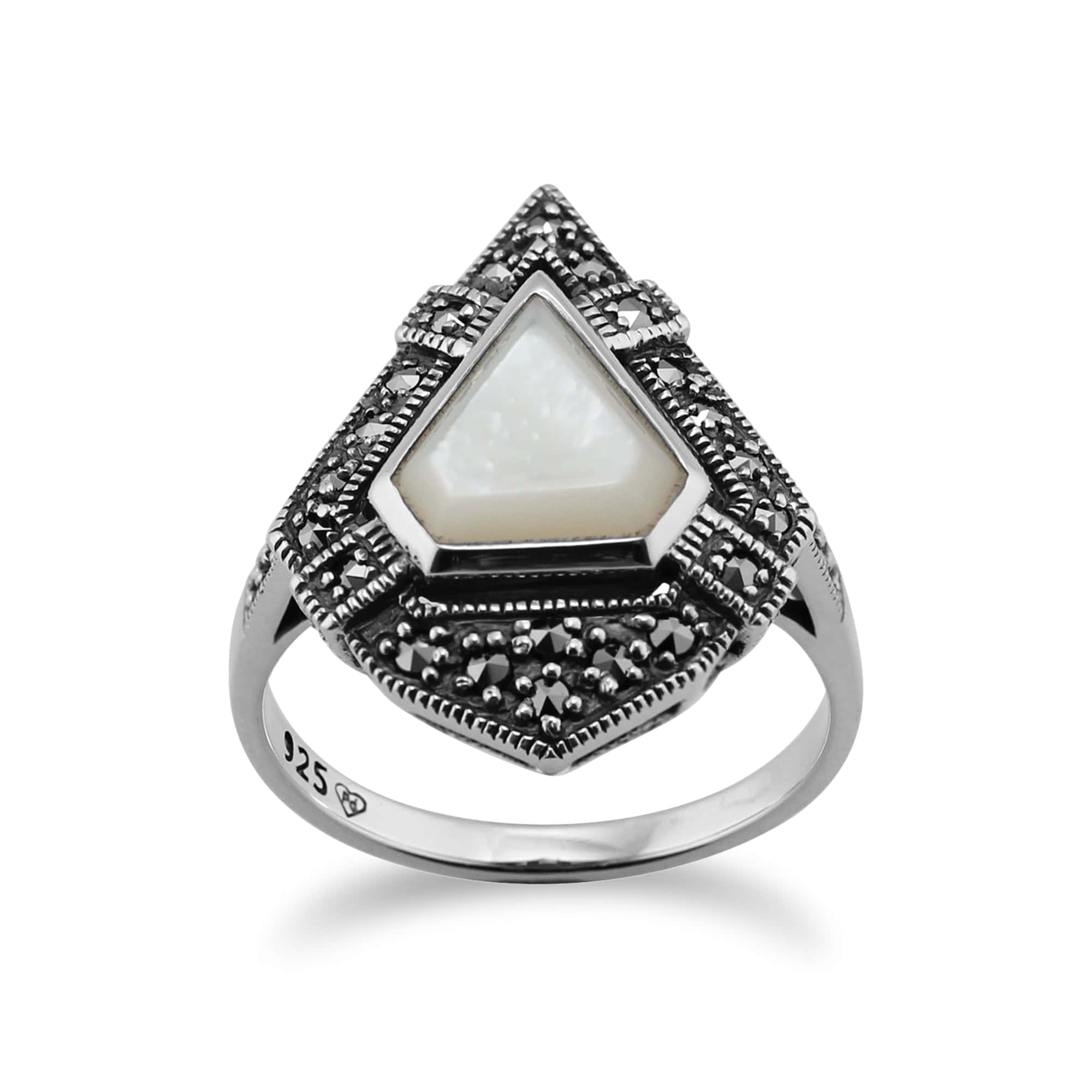 Art Deco Style Triangle Mother of Pearl & Marcasite Statement Ring - Gemondo