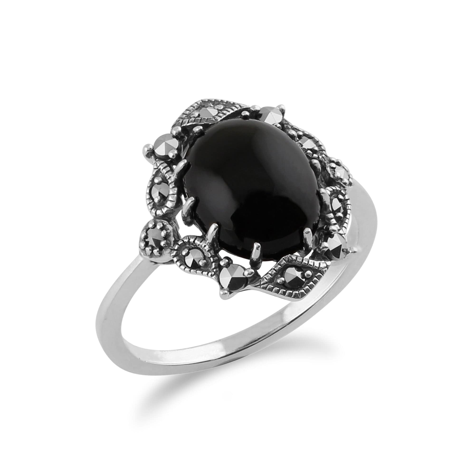 Art Nouveau Style Statement Ring Oval Black Onyx Cabochon & Marcasite 925 Sterling Silver - Gemondo