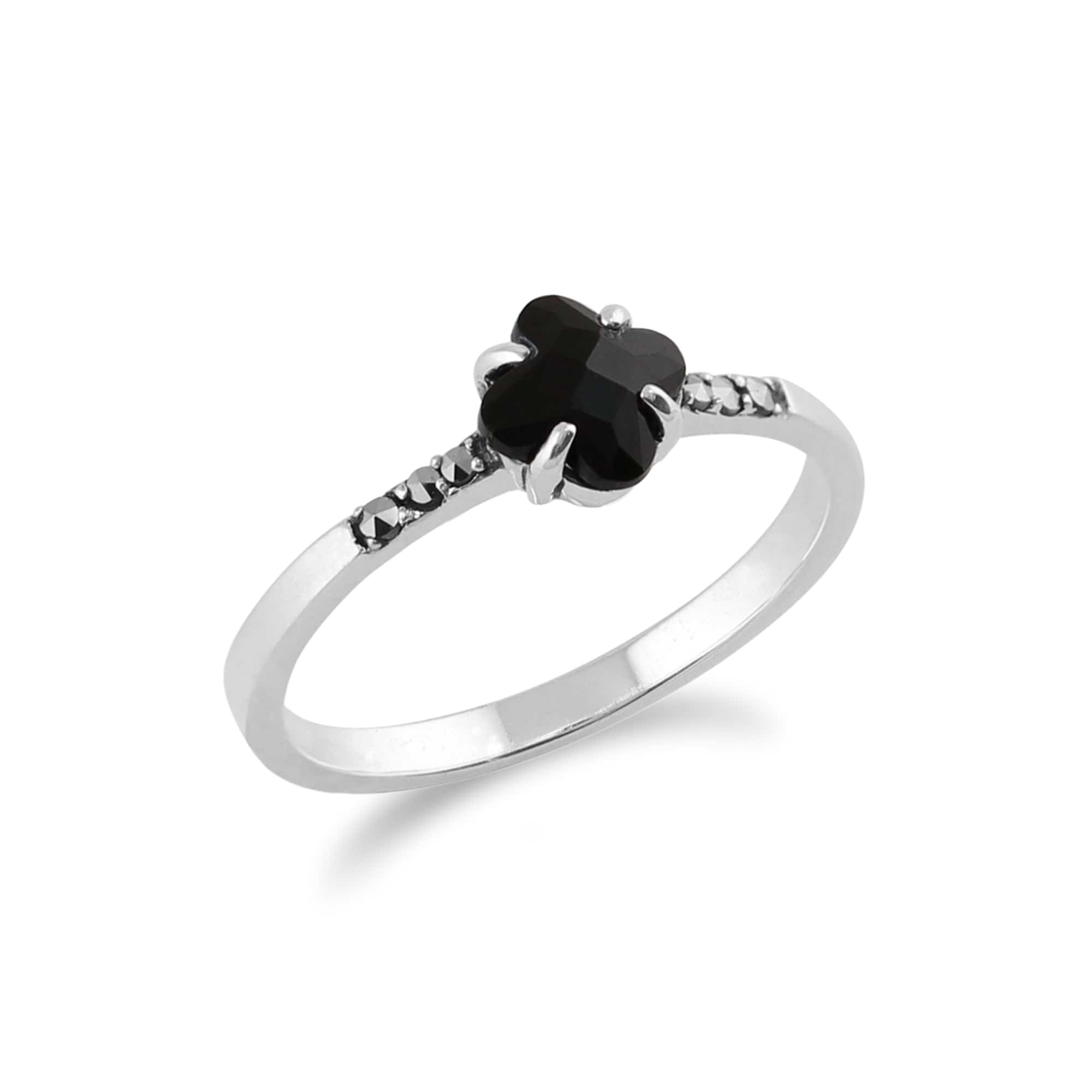 Floral Square Black Onyx & Marcasite Ring in 925 Sterling Silver - Gemondo