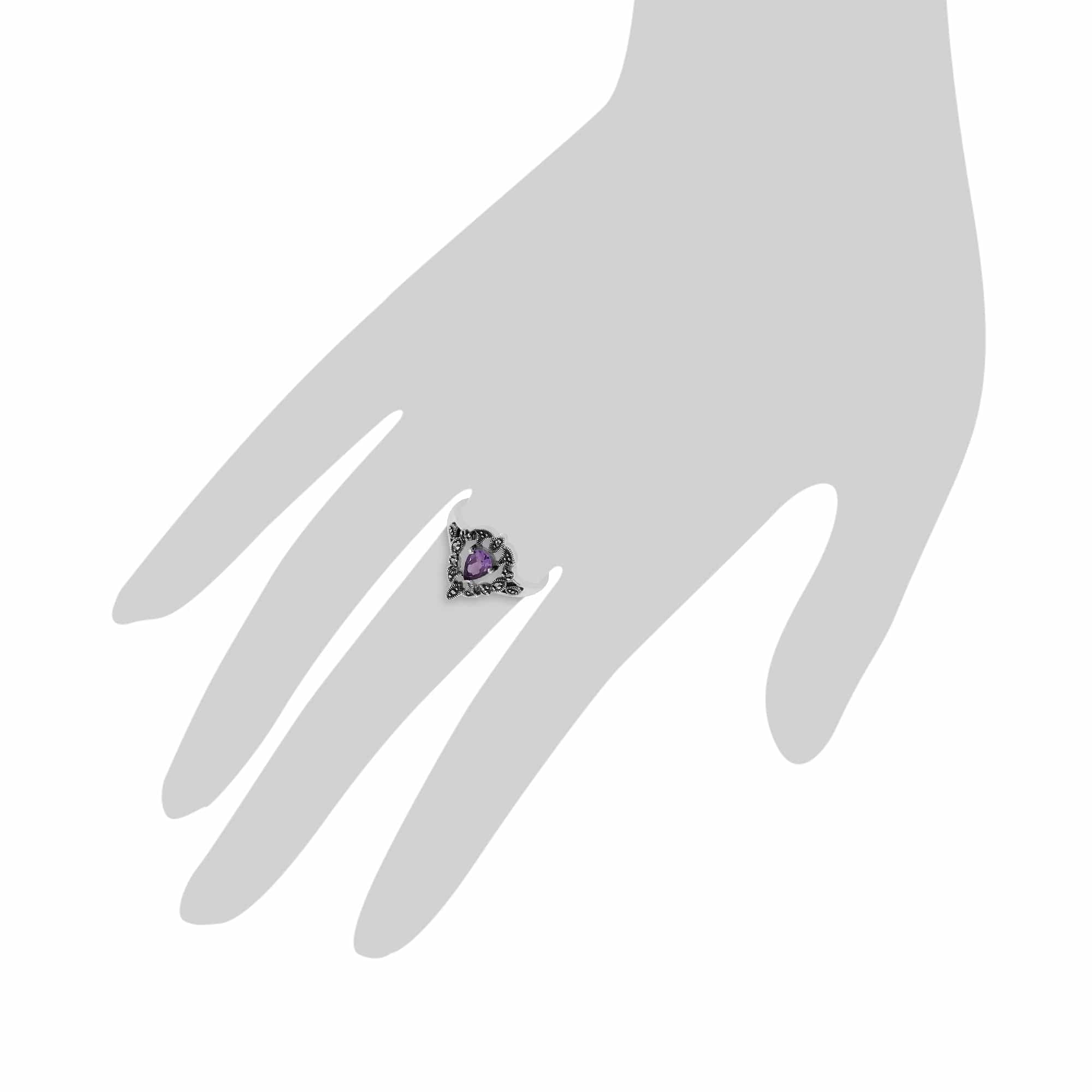 Art Nouveau Style Pear Amethyst & Marcasite Statement Ring in 925 Sterling Silver - Gemondo