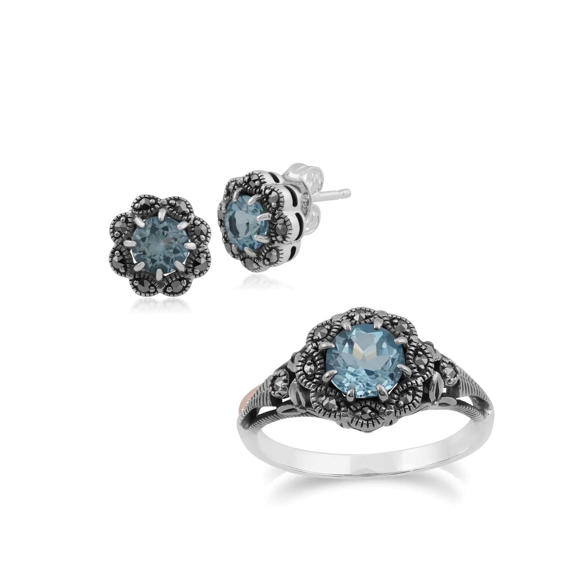 214E731504925-214R524704925 Art Nouveau Style Style Round Blue Topaz & Marcasite Floral Stud Earrings & Ring Set in 925 Sterling Silver 1