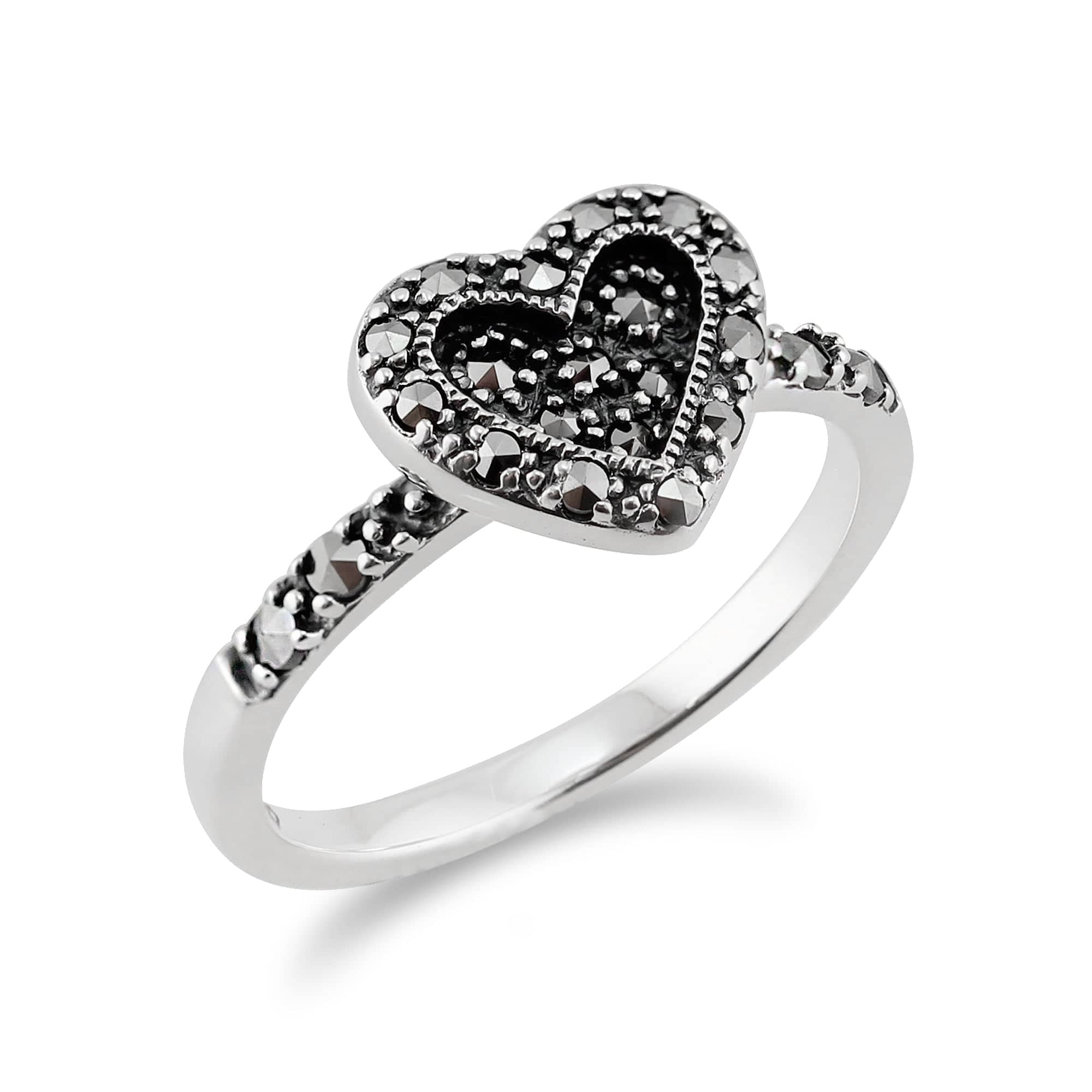 Art Deco Style Round Marcasite Love Heart Ring in 925 Sterling Silver - Gemondo