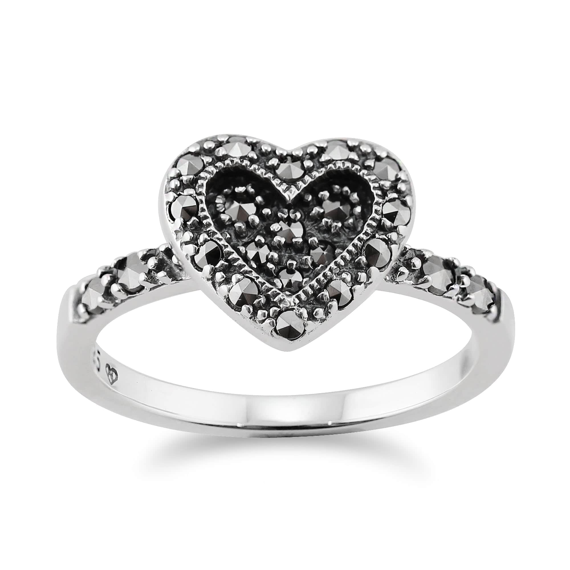Art Deco Style Round Marcasite Love Heart Ring in 925 Sterling Silver - Gemondo