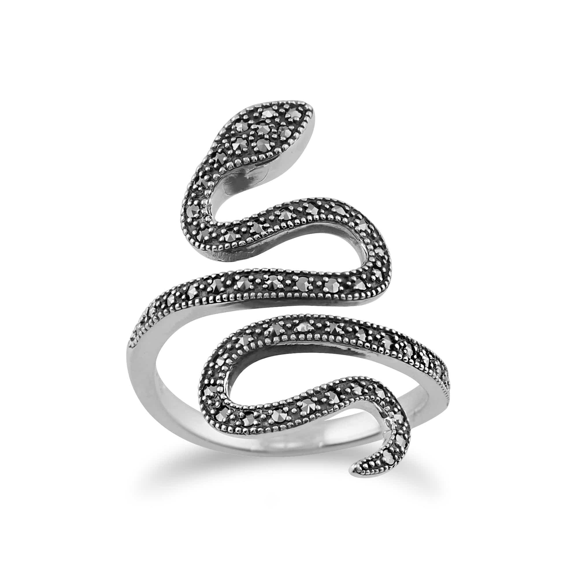 Art Nouveau Style Round Marcasite Silver Snake Boho Ring - Gemondo