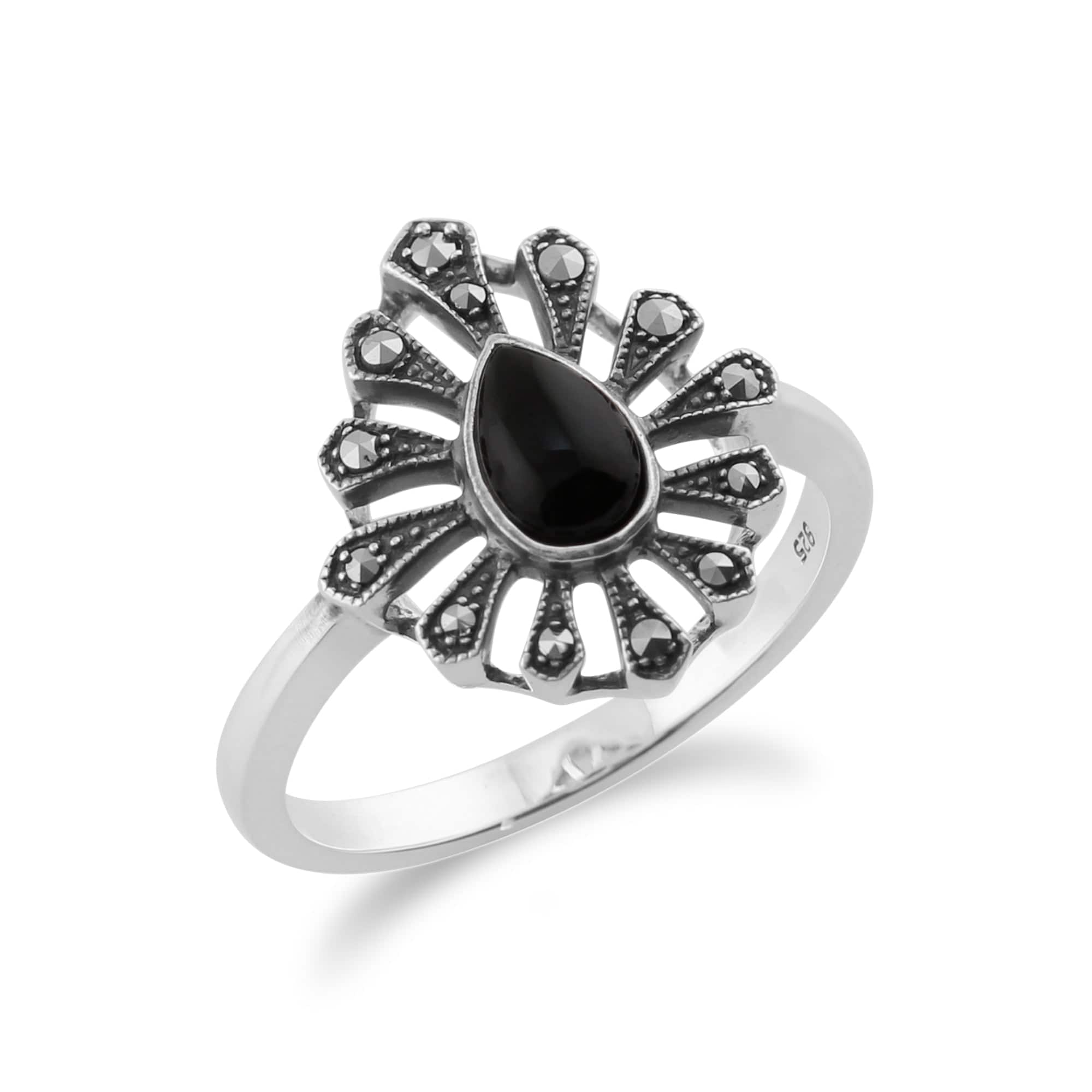 Gemondo 925 Sterling Silver 0.30ct Black Onyx & Marcasite Art Deco Ring Image 2
