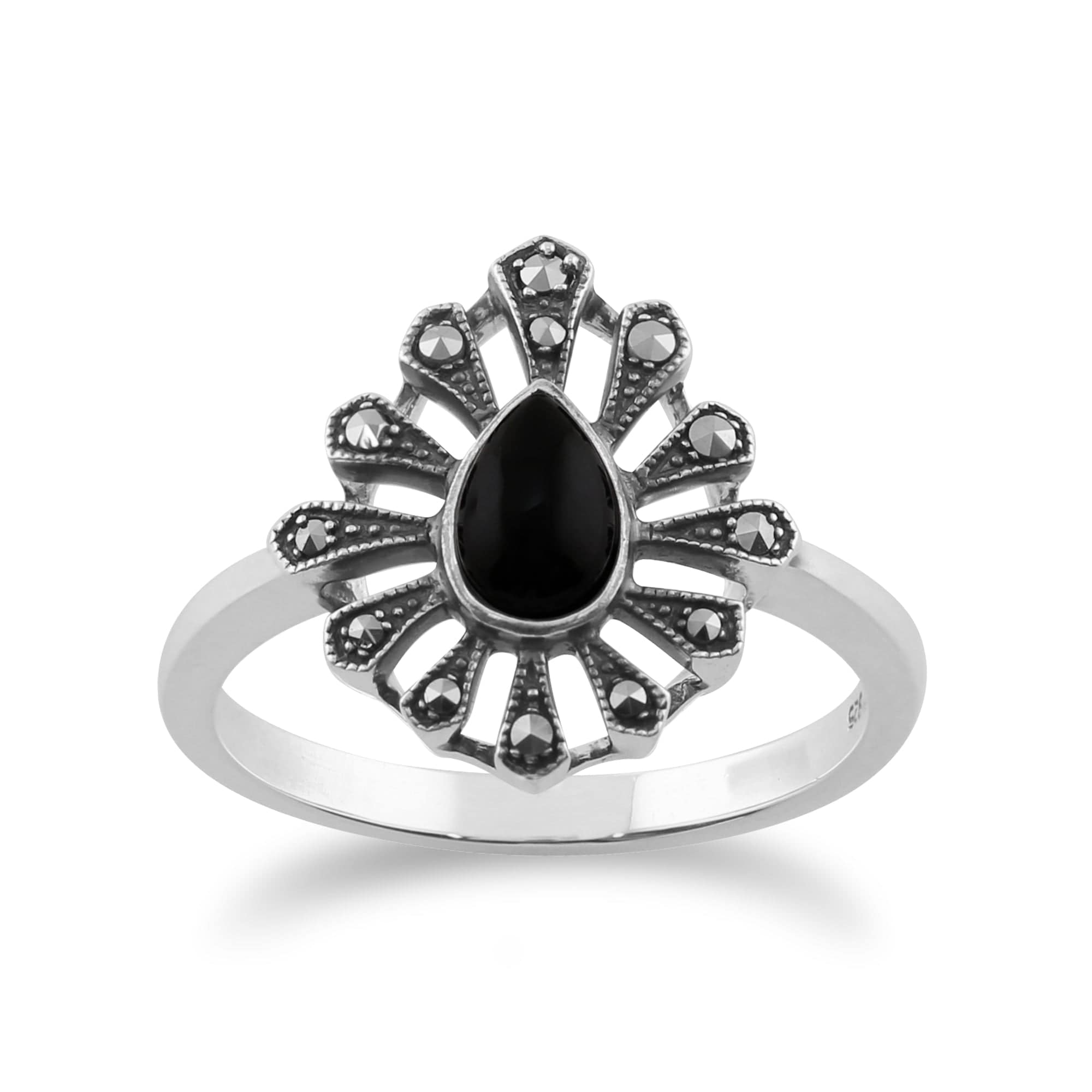 Gemondo 925 Sterling Silver 0.30ct Black Onyx & Marcasite Art Deco Ring Image 1