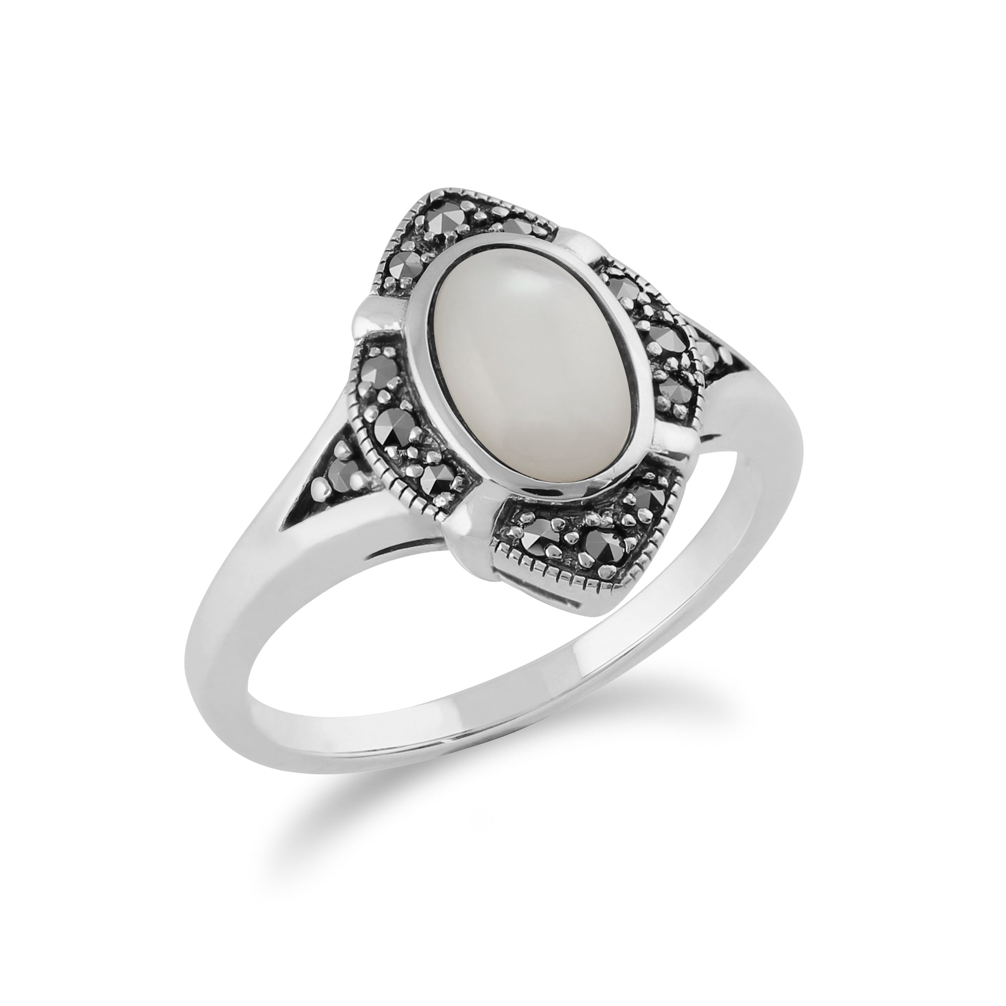 214R585204925 Gemondo 925 Sterling Silver 1.00ct Mother of Pearl & Marcasite Art Deco Ring 2