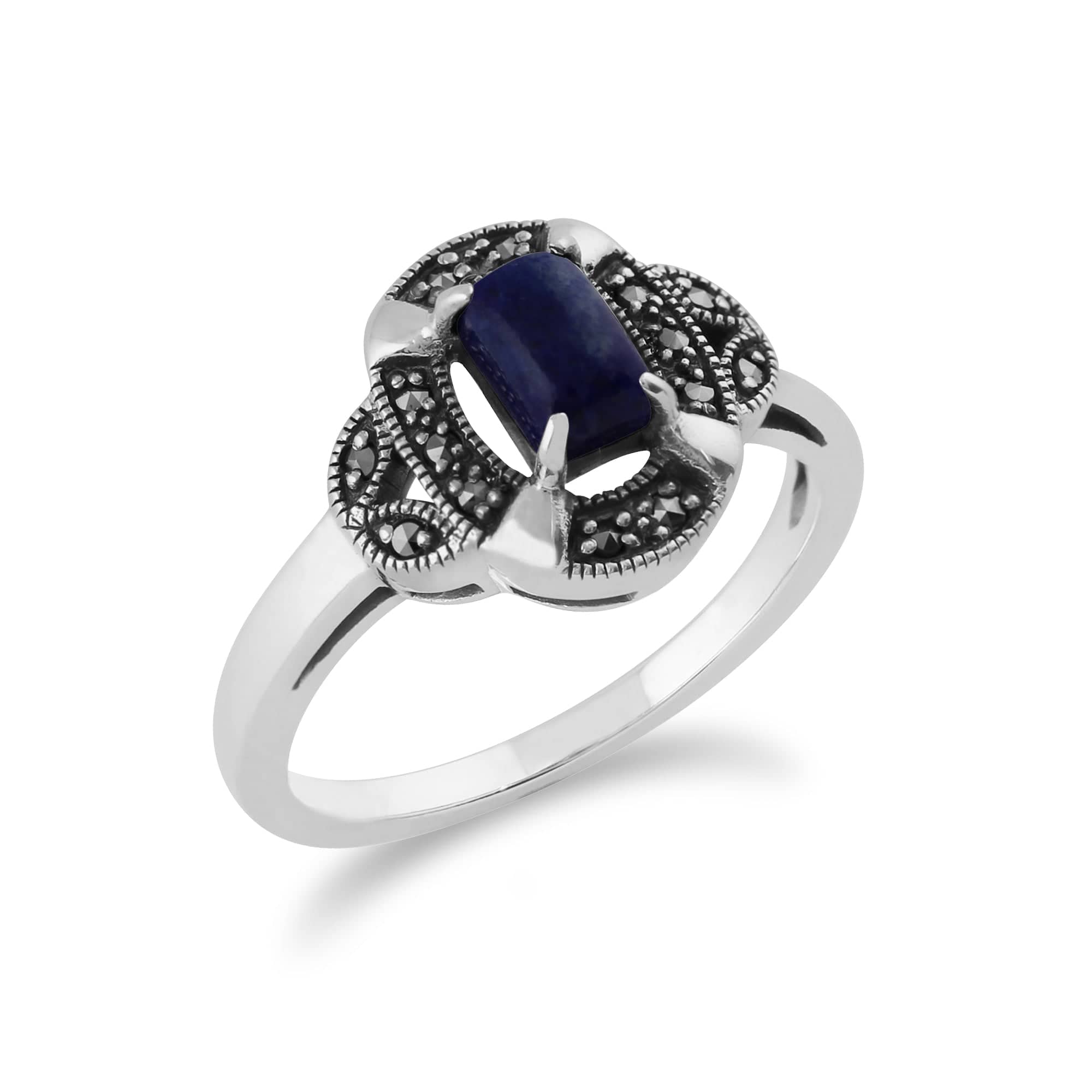 Gemondo 925 Sterling Silver 0.50ct Lapis Lazuli & Marcasite Art Deco Ring Image 2