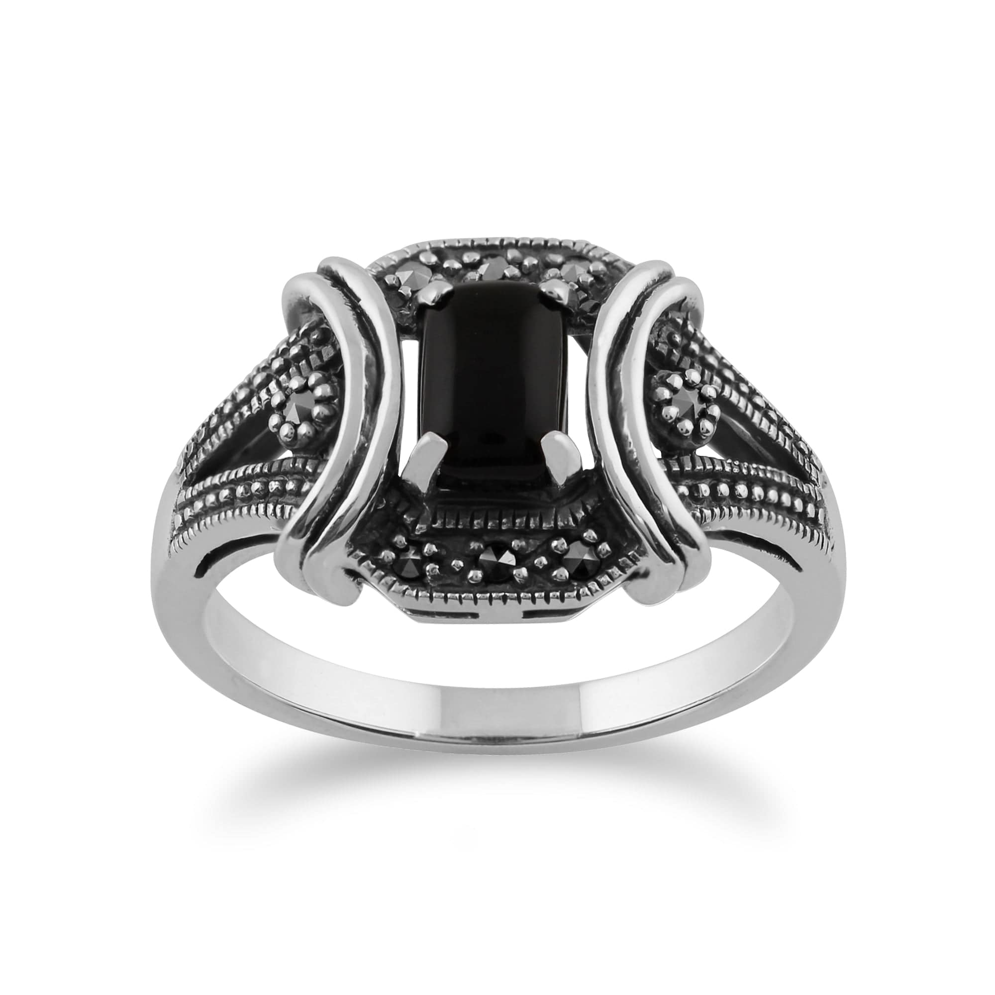 Art Deco Style Black Onyx Cabochon & Marcasite Ring in 925 Sterling Silver - Gemondo