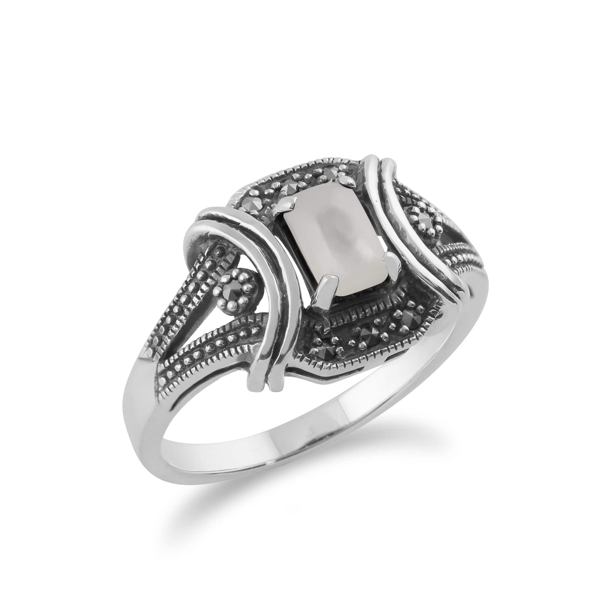 214R586803925 Art Deco Style Mother of Pearl Cabochon & Marcasite Ring in 925 Sterling Silver 2