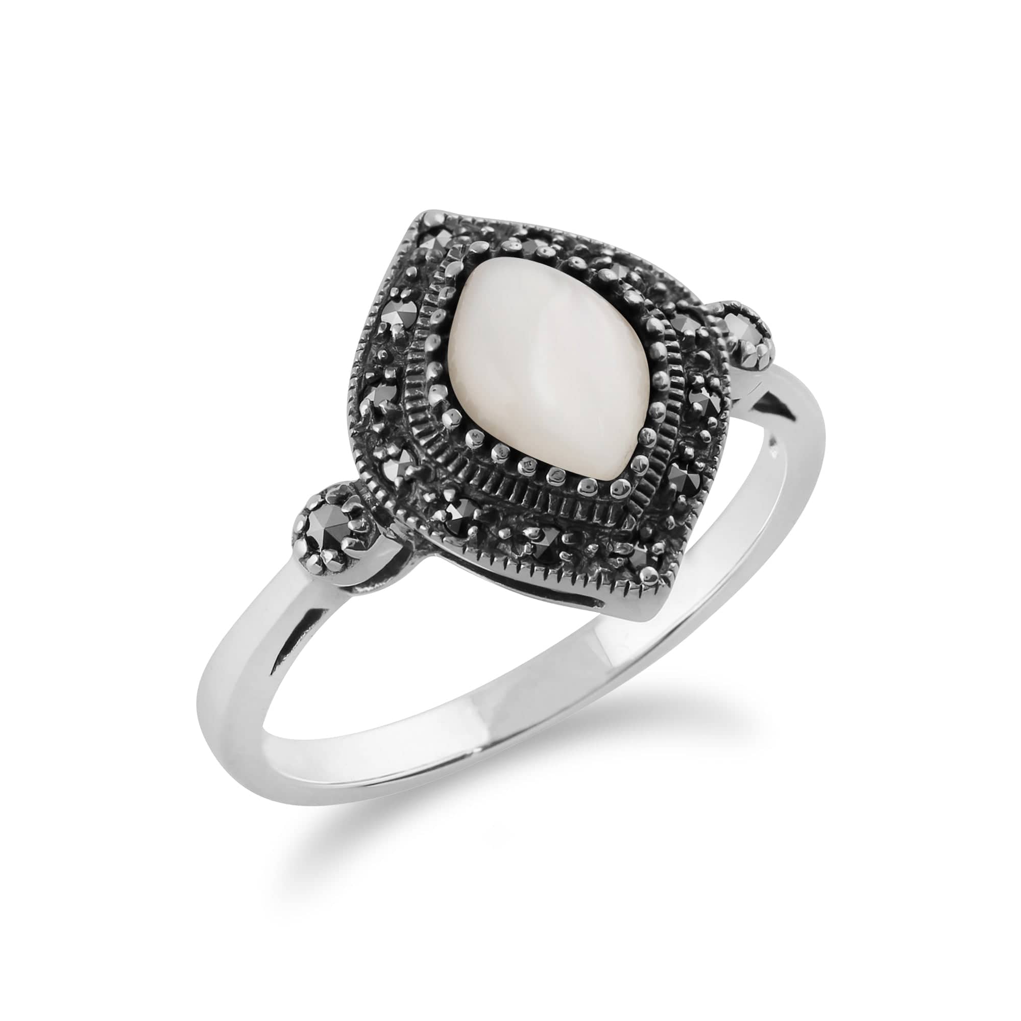 214R587003925 Gemondo 925 Sterling Silver 1.00ct Mother of Pearl & Marcasite Art Deco Ring 2