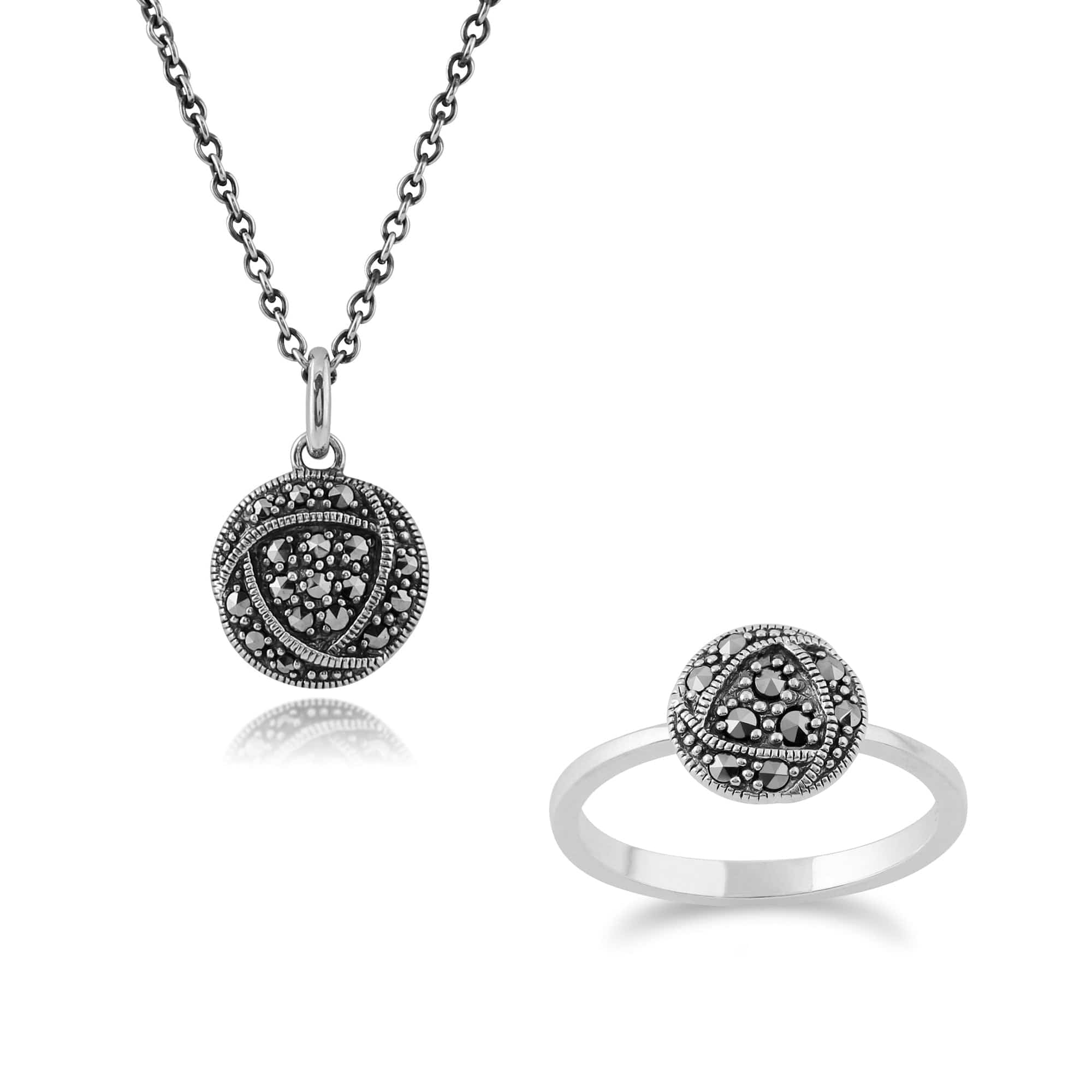 214P295501925-214R591301925 Rennie Mackintosh Inspired Round Marcasite Glasgow Rose Locket Pendant & Ring Set in 925 Sterling Silver 1