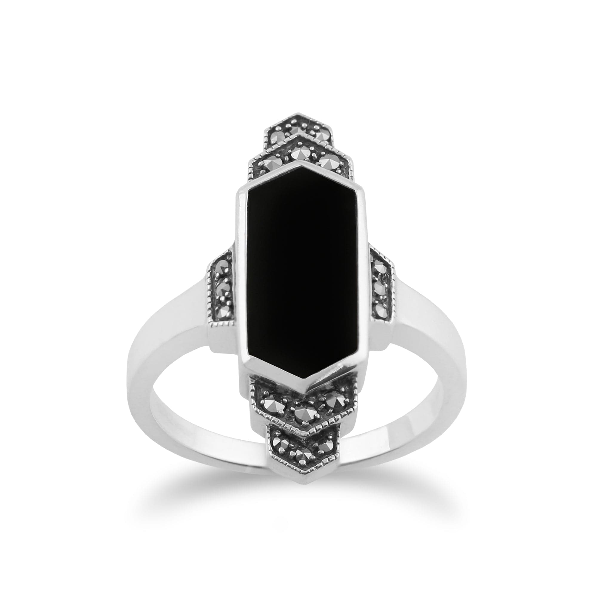 Art Deco Style Hexagon Black Onyx & Marcasite Bar Ring in 925 Sterling Silver - Gemondo