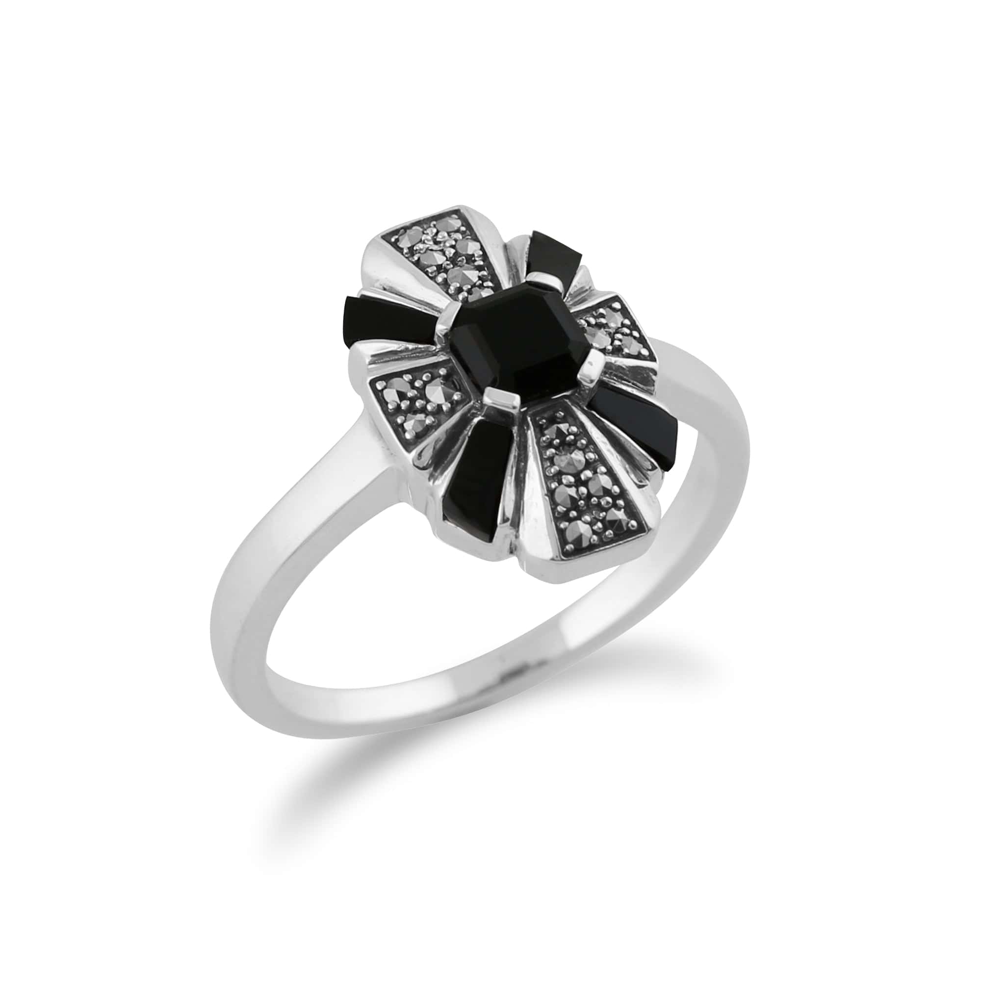 Gemondo 925 Sterling Silver Art Deco Black Onyx & Marcasite Ring Image 2