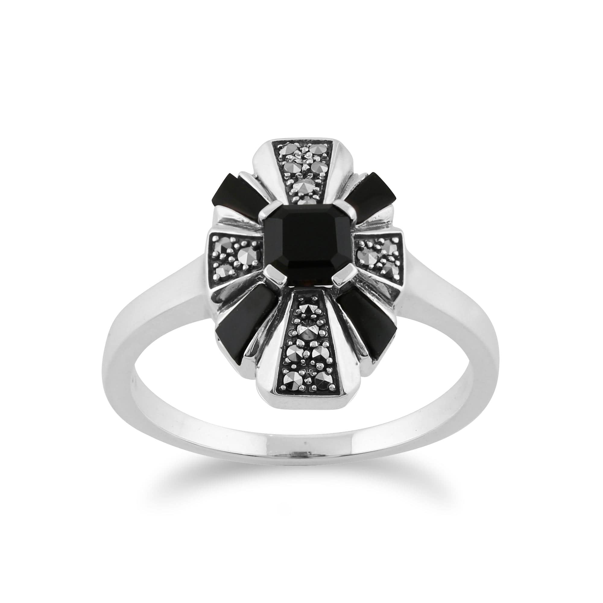 Gemondo 925 Sterling Silver Art Deco Black Onyx & Marcasite Ring Image 1