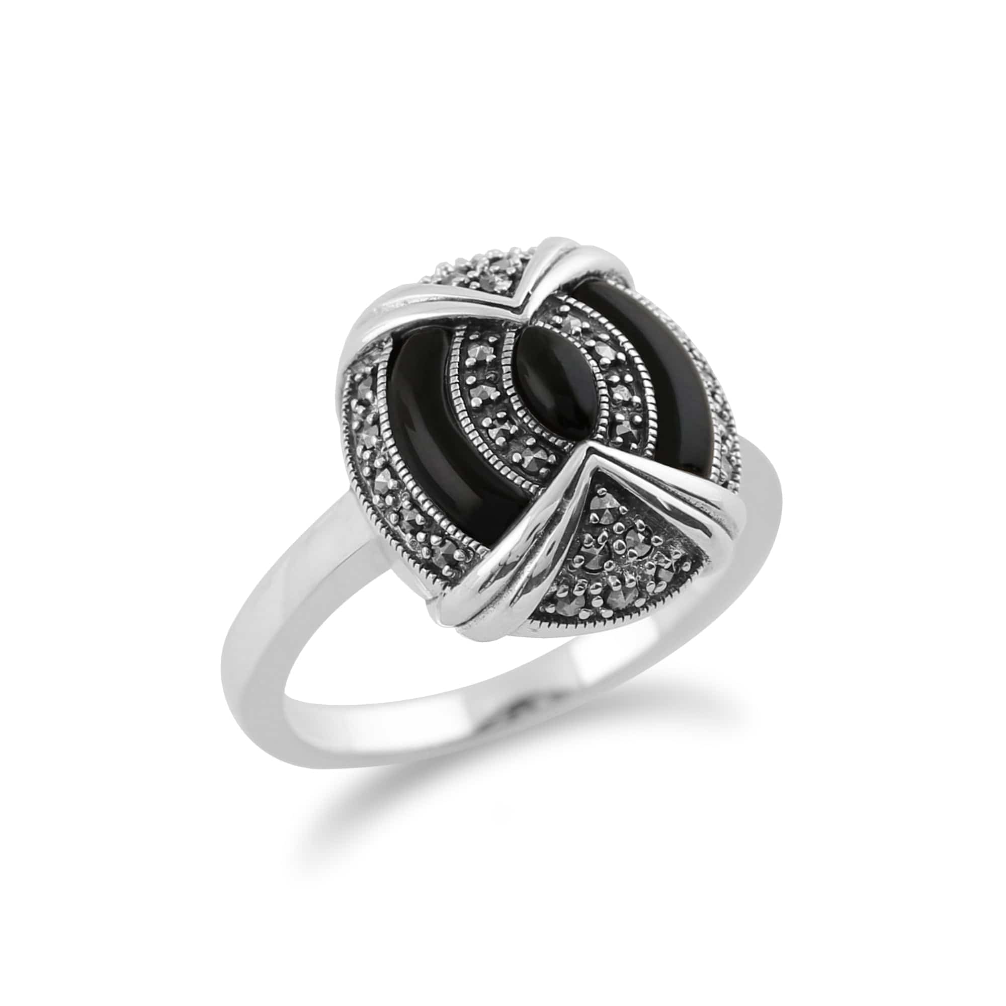 214R592101925 Gemondo 925 Sterling Silver Art Deco Black Onyx & Marcasite Ring 2