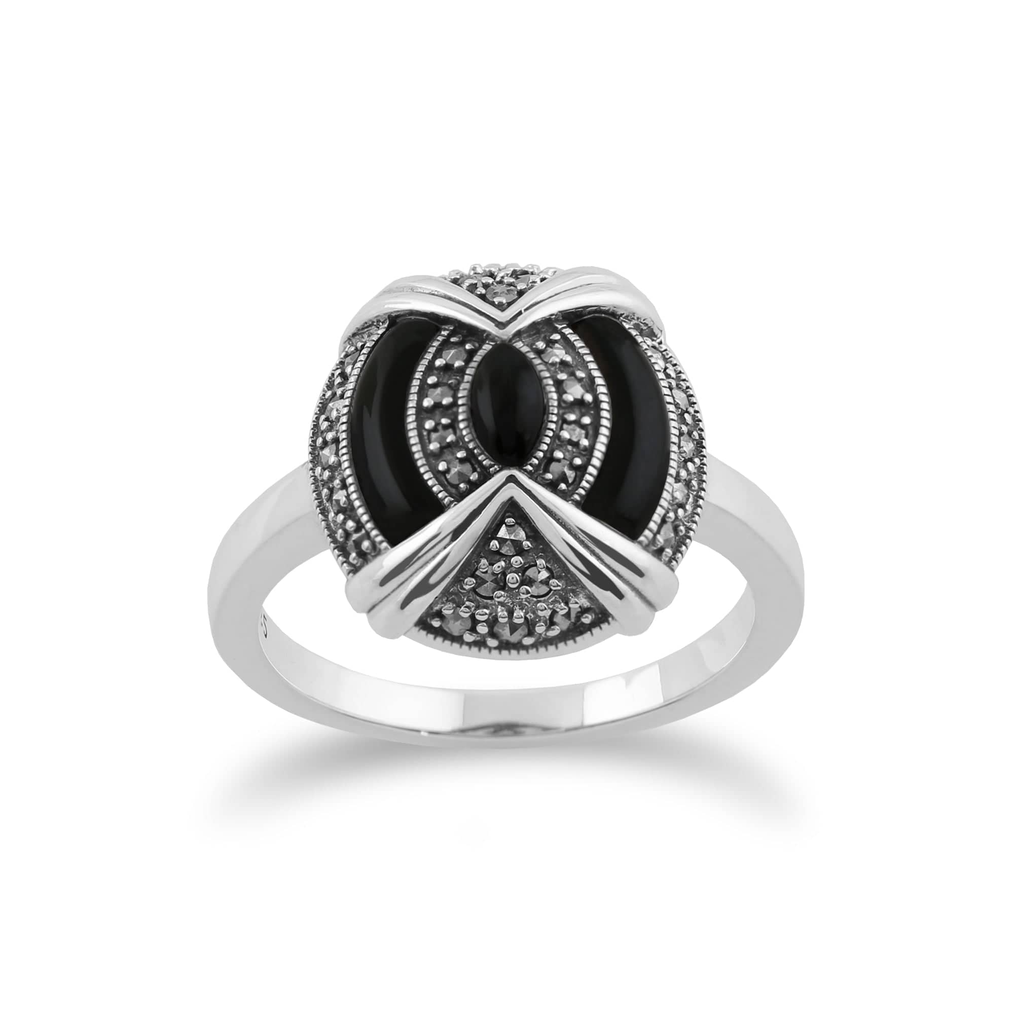 Gemondo 925 Sterling Silver Art Deco Black Onyx & Marcasite Ring Image 1