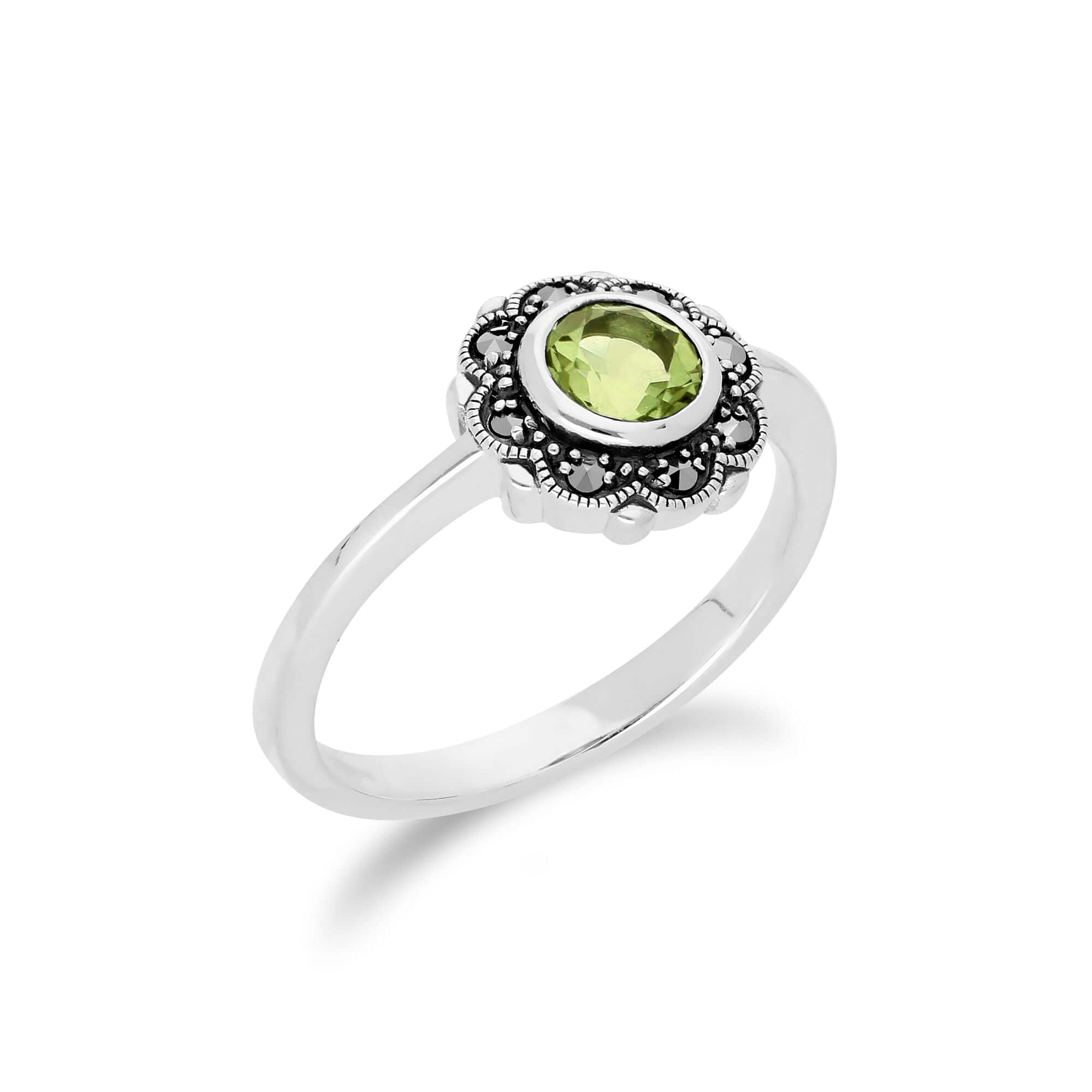214R597004925 Floral Round Peridot & Marcasite Halo Ring in 925 Sterling Silver 2